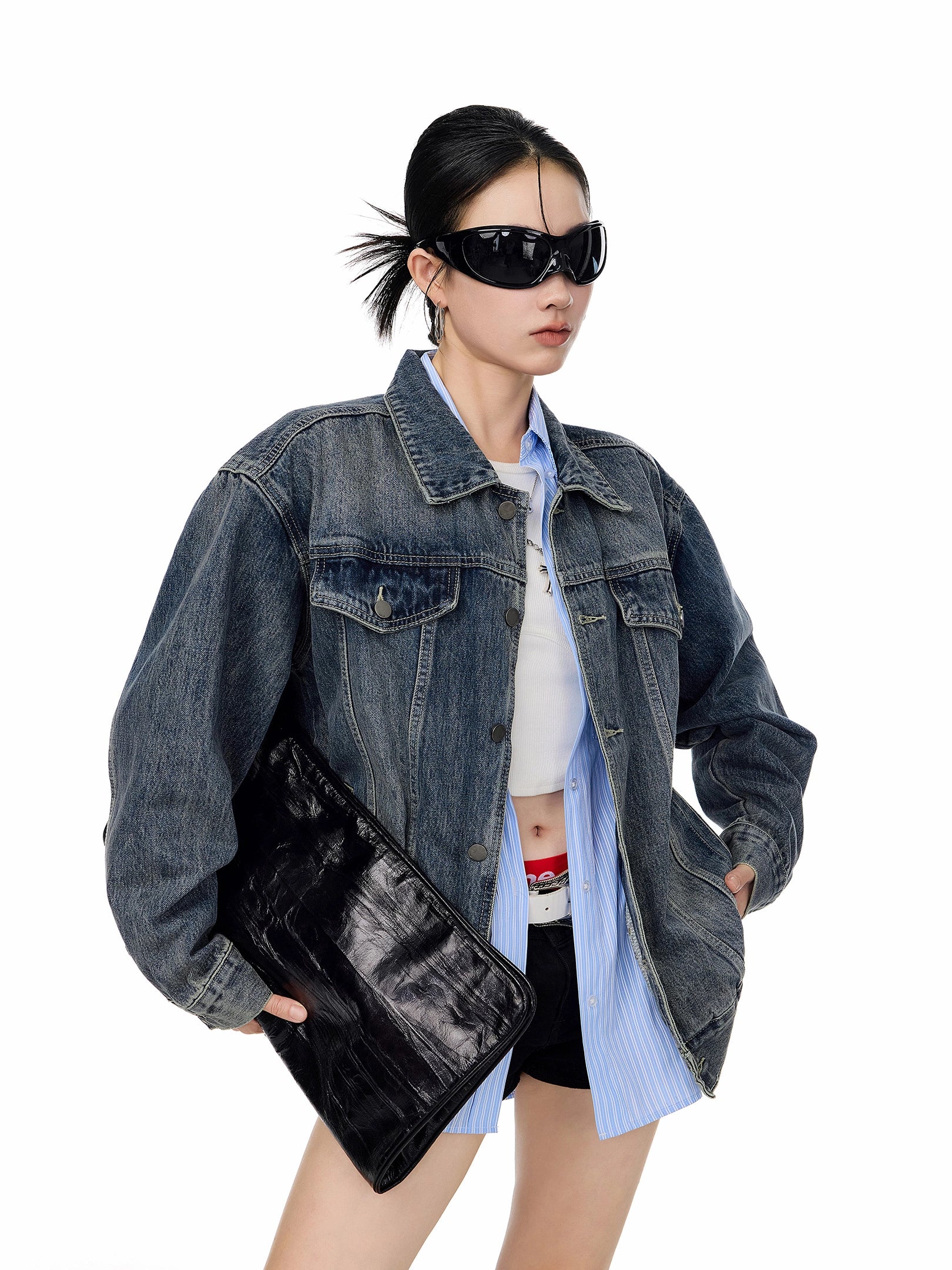 ICH MODE 美式复古水洗牛仔外套女秋冬翻领工装夹克宽松休闲上衣