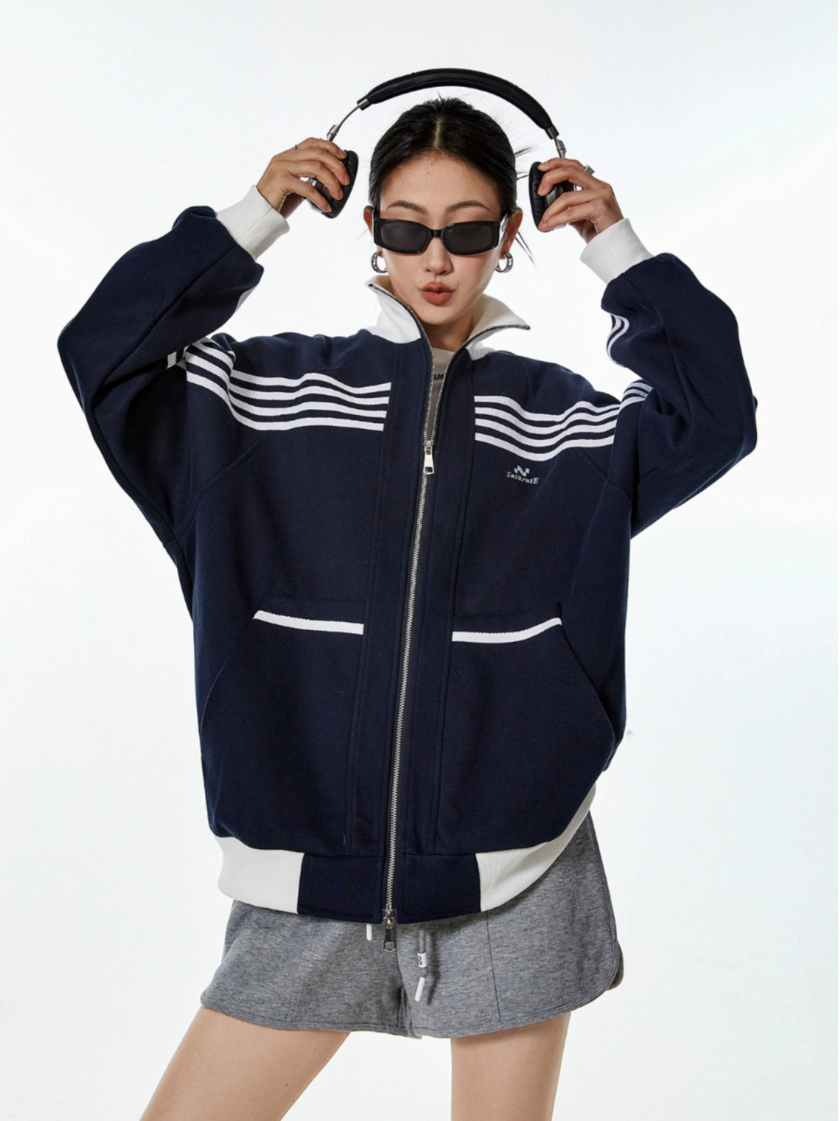 ICH MODE 美式复古休闲运动外套女秋冬宽松薄款开衫上衣2025新款