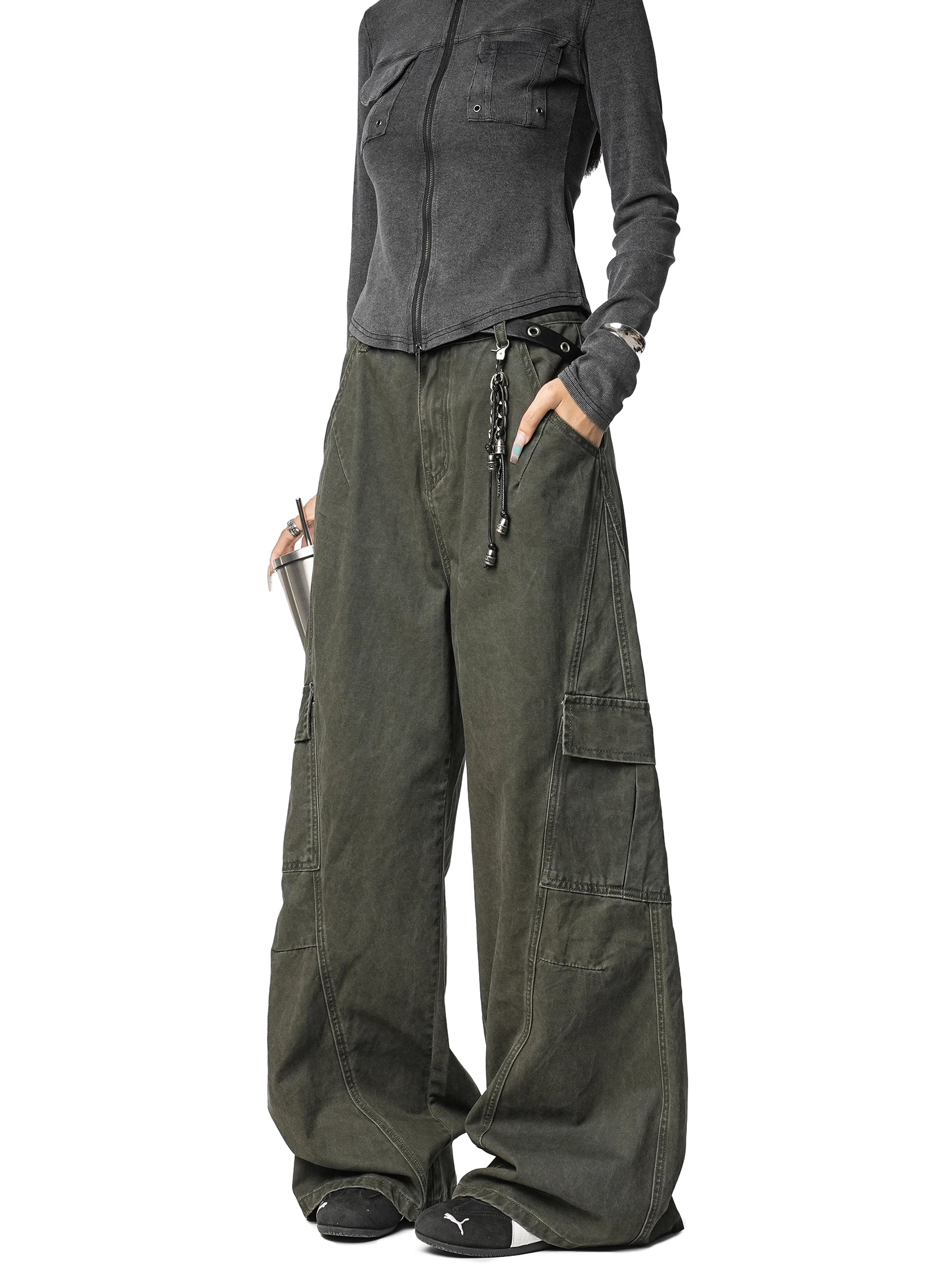 ICH MODE 美式复古宽松阔腿休闲裤女秋冬百搭直筒裤工装裤运动裤