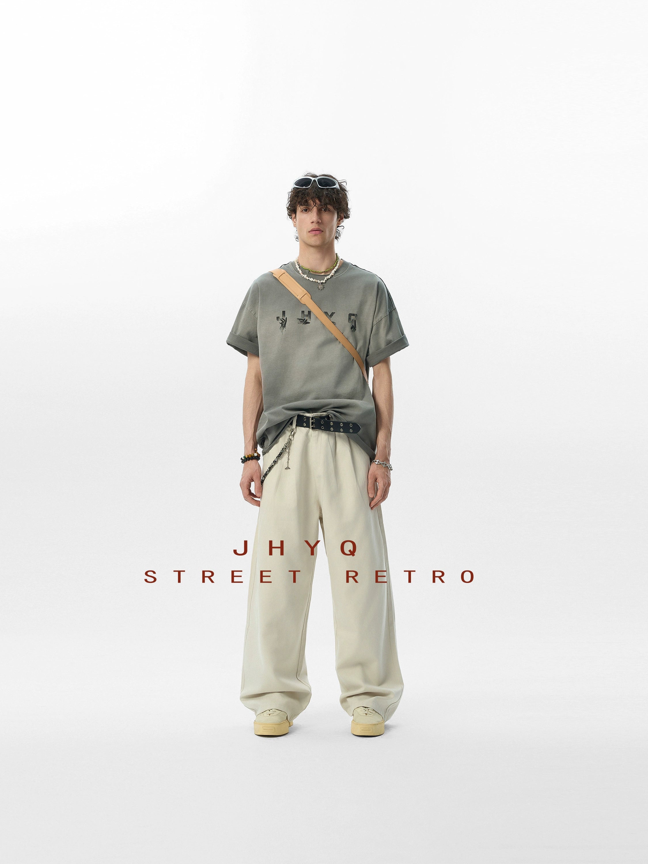 【水洗系列】JHYQ美式做旧创意手势印花落肩双领短袖T恤男夏宽松