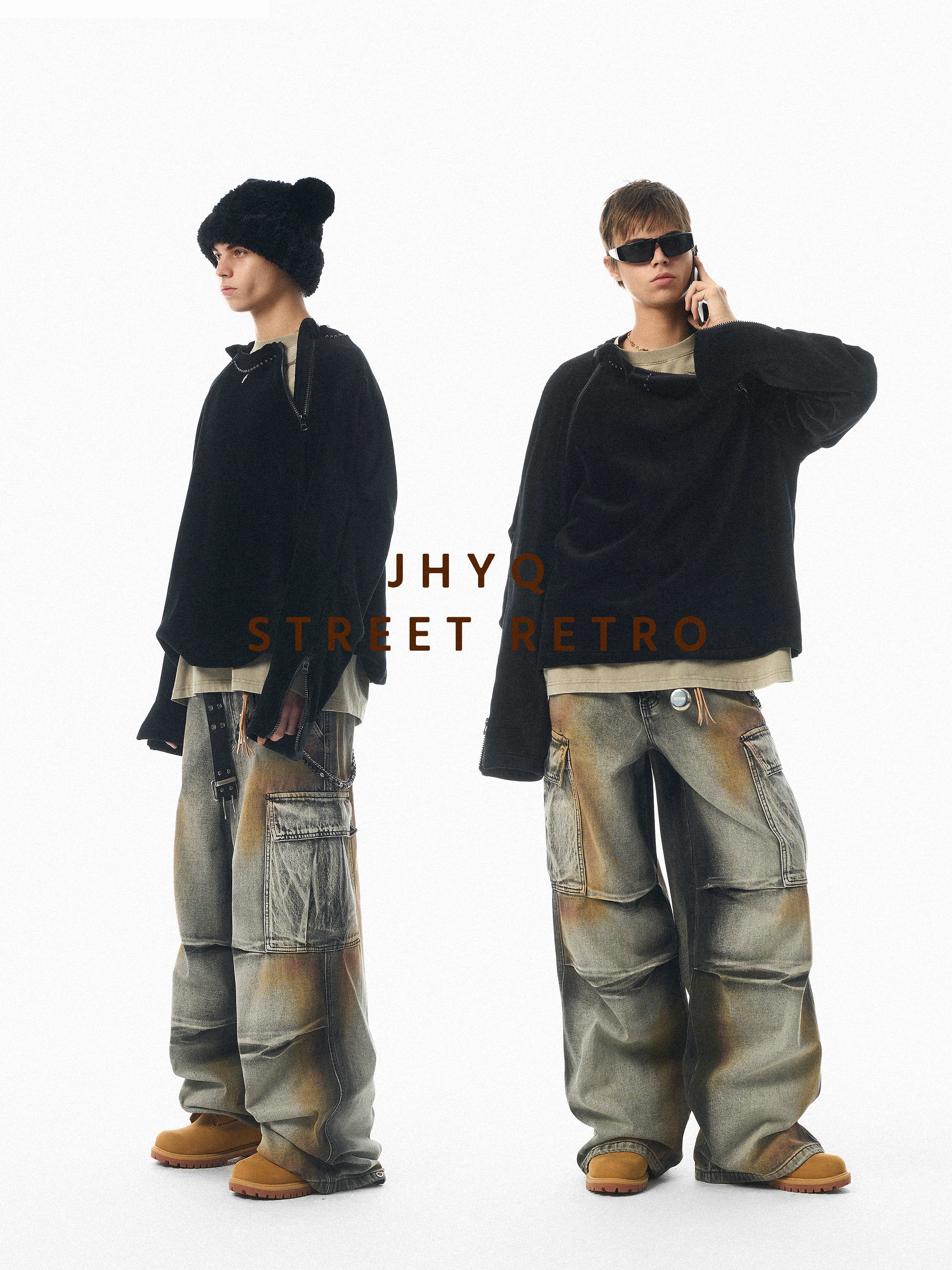 【小鬼王琳凯同款】JHYQ美式脏染做旧口袋工装牛仔裤男潮牌嘻哈裤