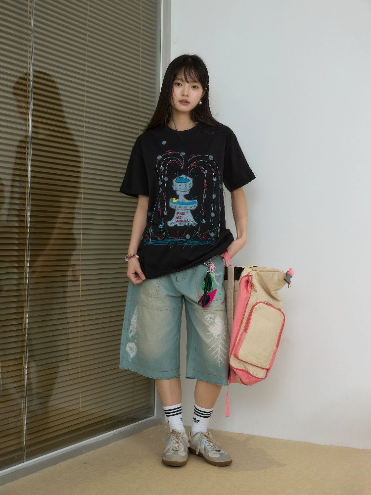 “闪光泉涌”| eeee小众设计感创意涂鸦喷泉短袖重工珠绣T恤夏季