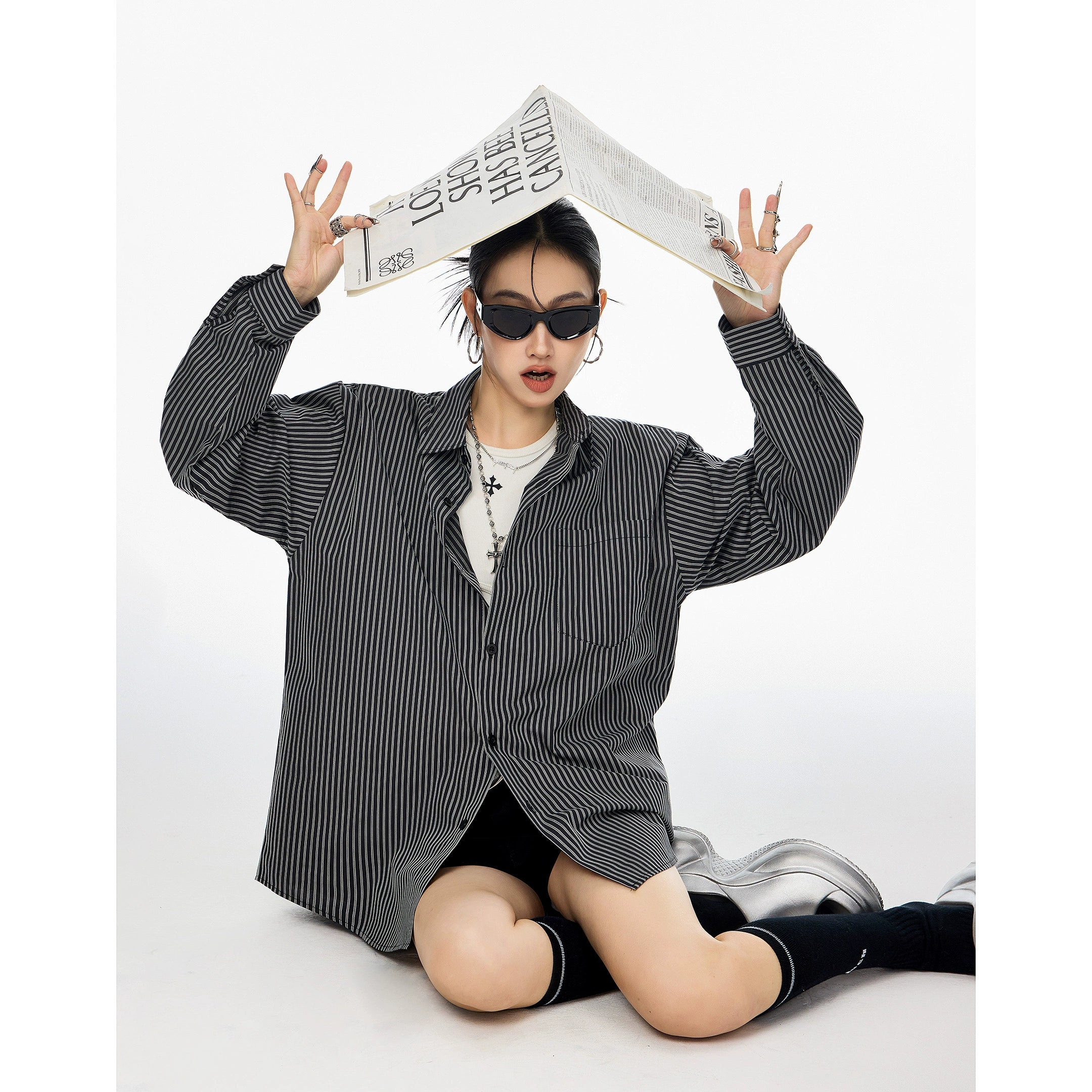 ICH MODE 美式复古条纹长袖衬衫女夏季新款宽松休闲翻领衬衣外套