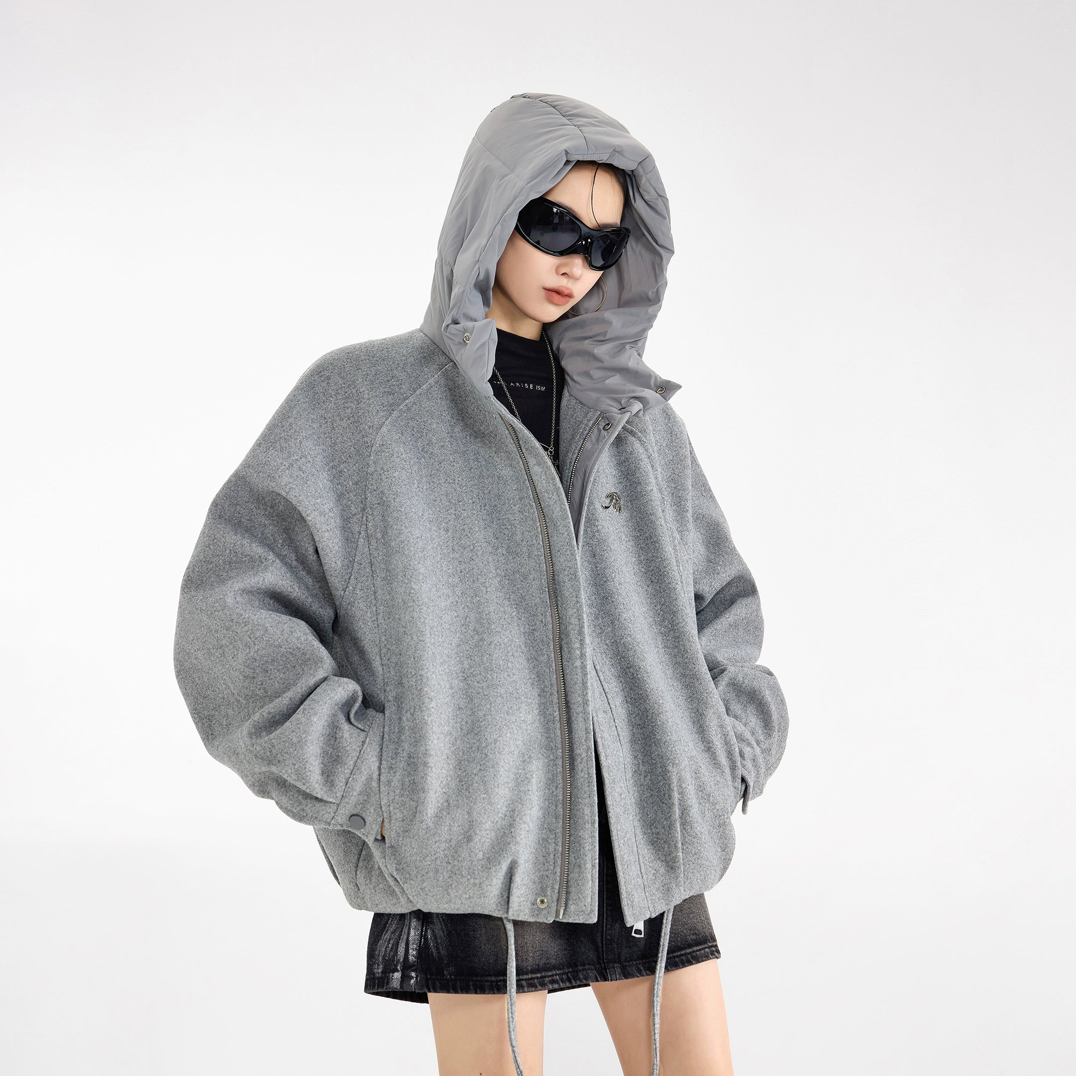 ICH MODE 美式复古拼接连帽棉服女新款冬季宽松保暖棉衣开衫外套