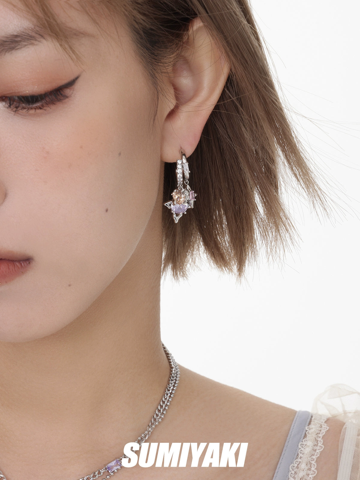 墙推!SUMIYAKI原创谜物系列浪漫彩色叠戴锆石耳环s925银针耳饰女