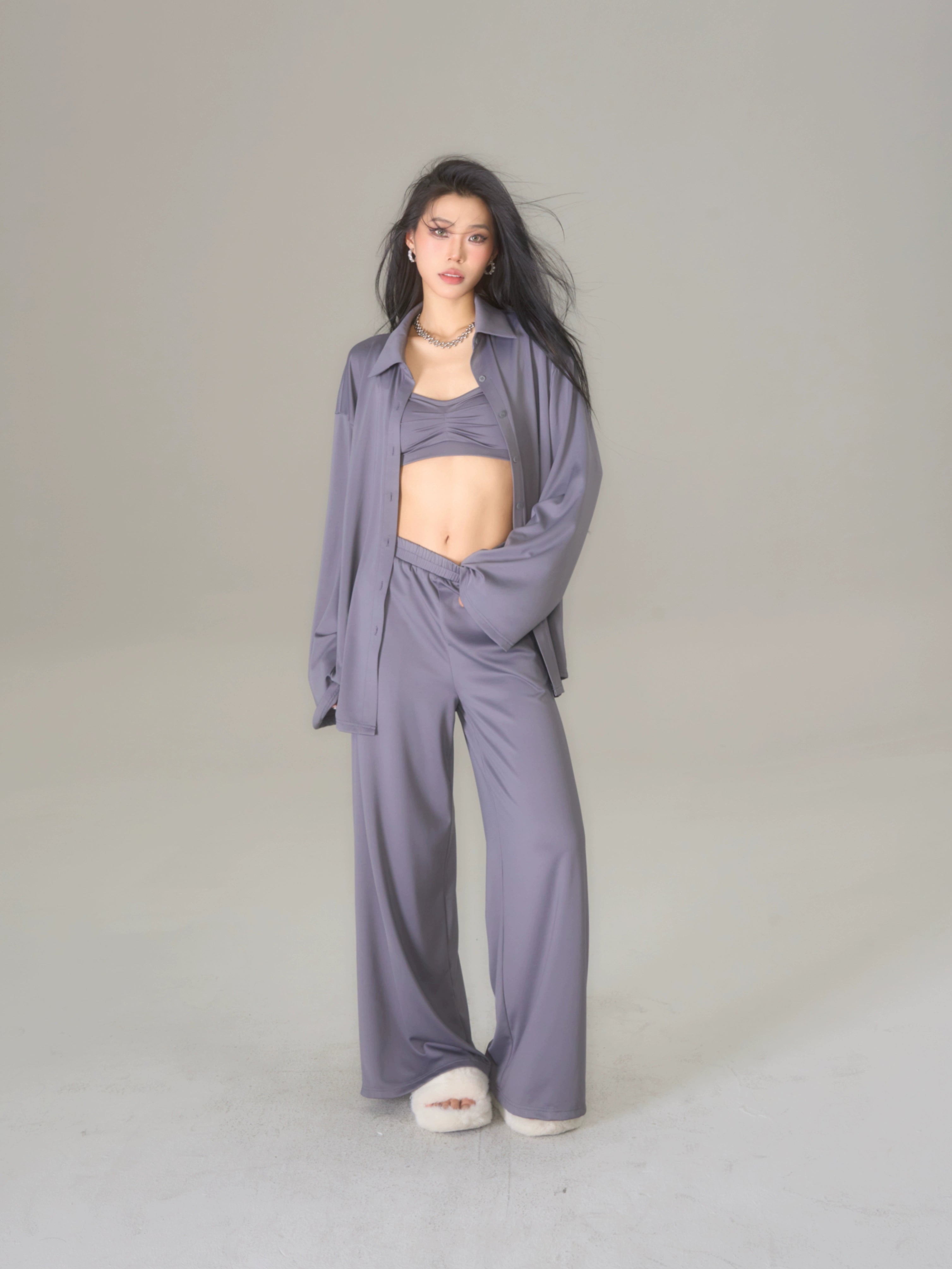 野生zerocircle绿灰色长袖衬衫三件套装女春宽松垂感微喇拖地裤子