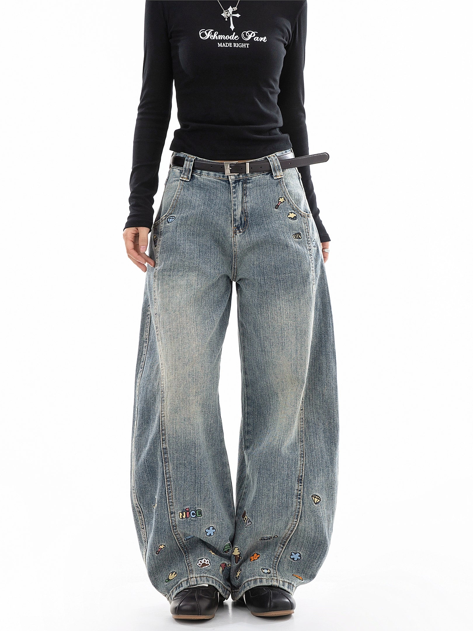 ICH MODE 美式复古小刺绣牛仔裤女宽松直筒裤阔腿弯刀裤休闲裤子