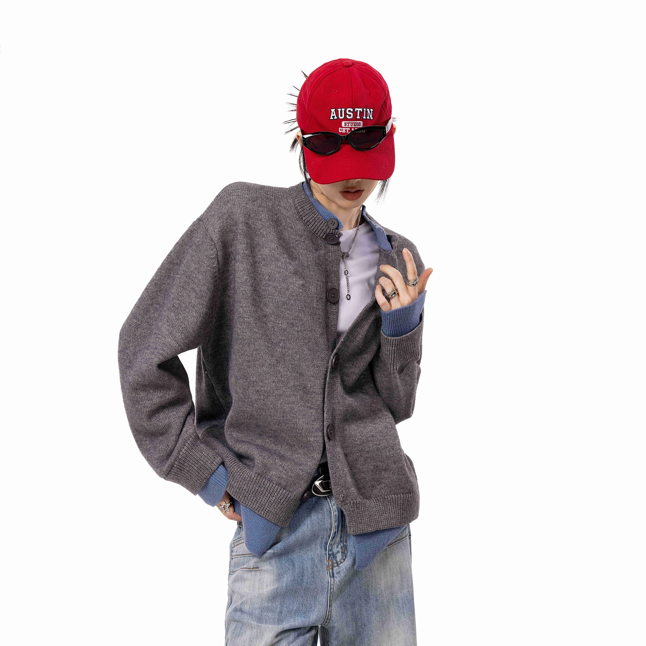 ICH MODE 美式假两件毛针织衫女2025年新款秋冬开衫毛衣长袖外套