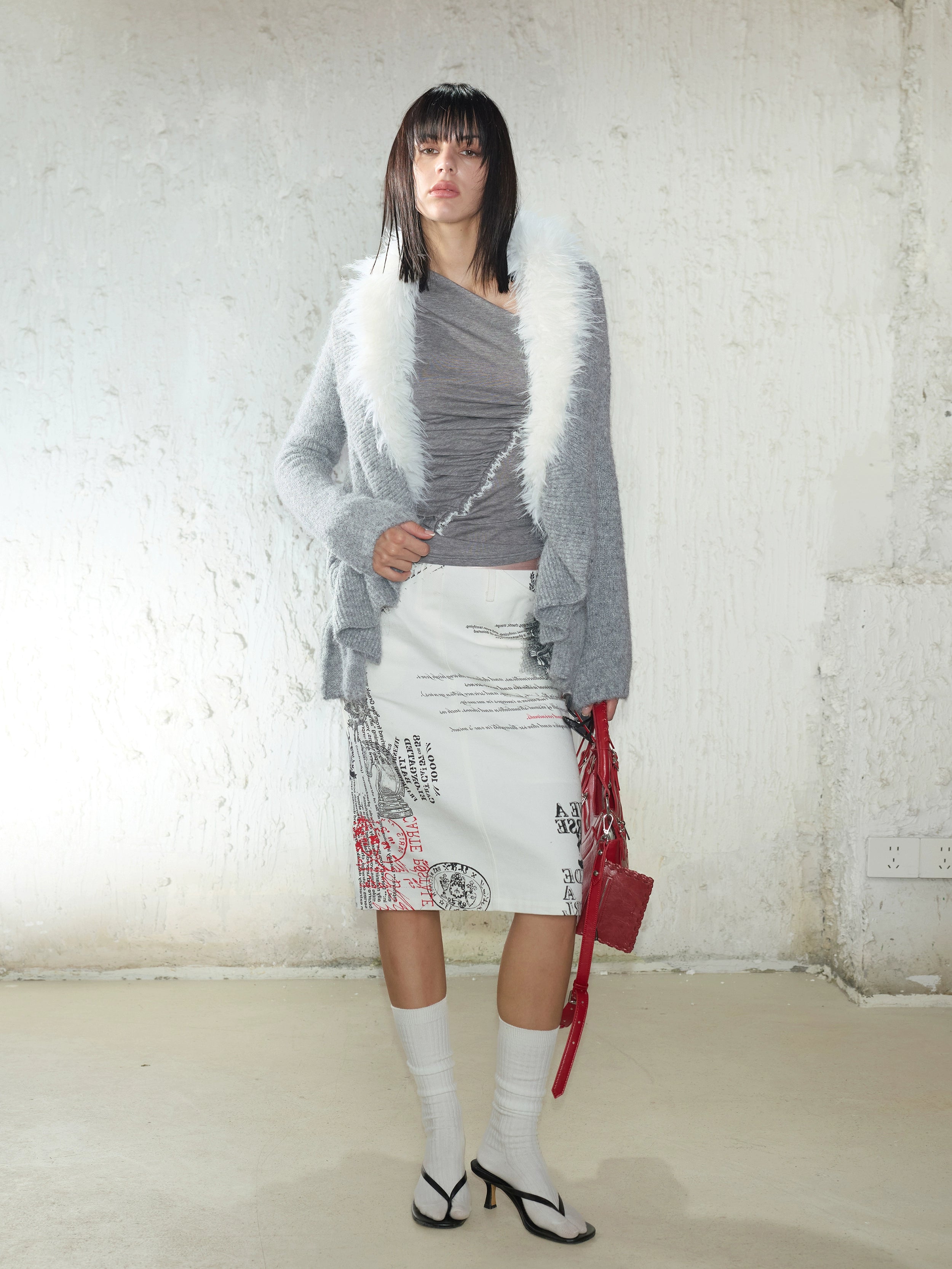 2th Desire街头辣妹美式复古缎面拼接字母印花中长款直筒半身裙