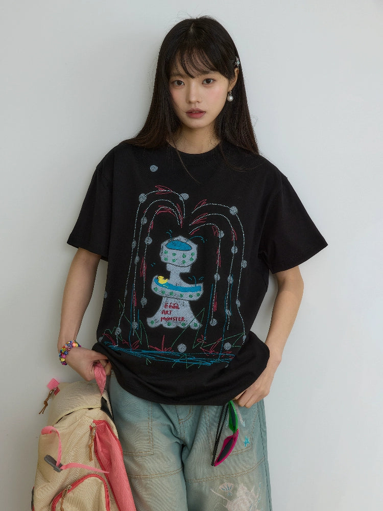 “闪光泉涌”| eeee小众设计感创意涂鸦喷泉短袖重工珠绣T恤夏季