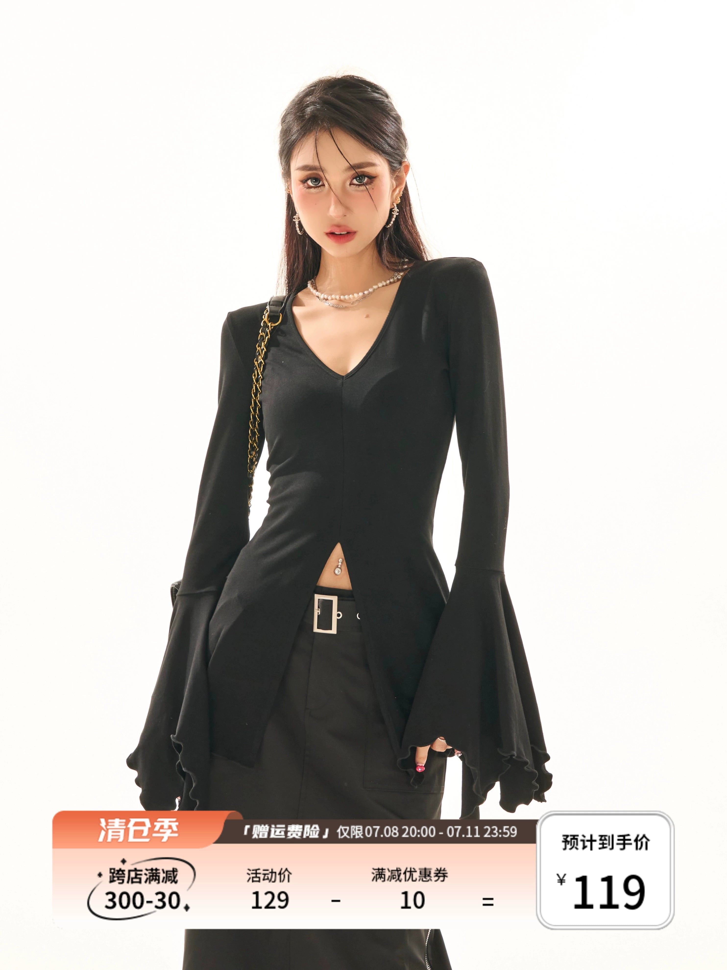 野生zerocircle 黑灰白色针织衫女春夏修身显瘦开叉喇叭袖v领上衣