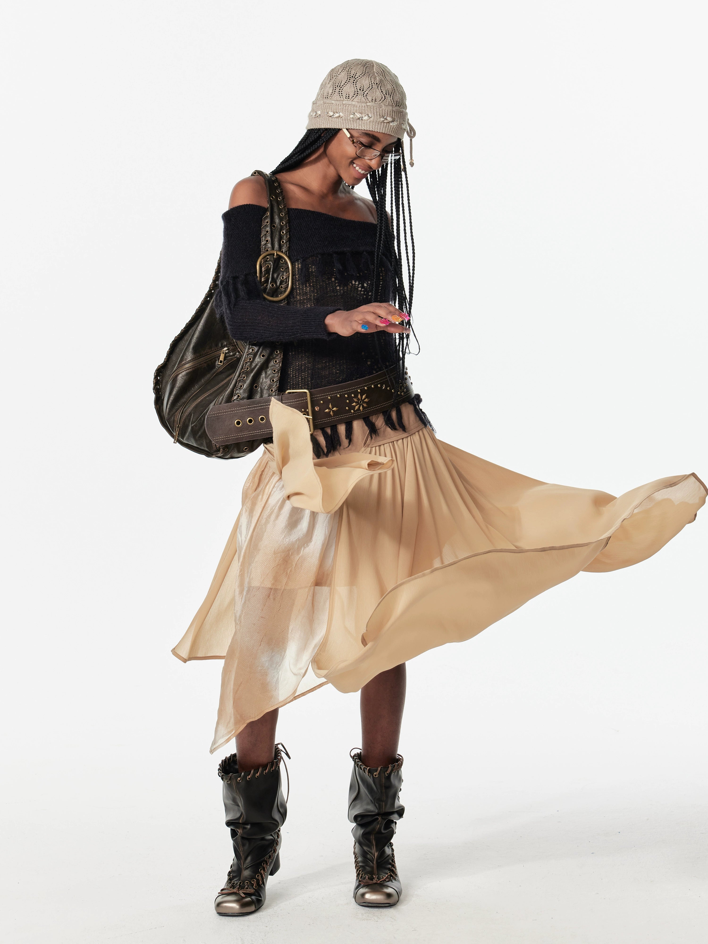 2th Desire蝴蝶结串珠绑带镂空立体花式包头帽织带针织帽毛线冷帽