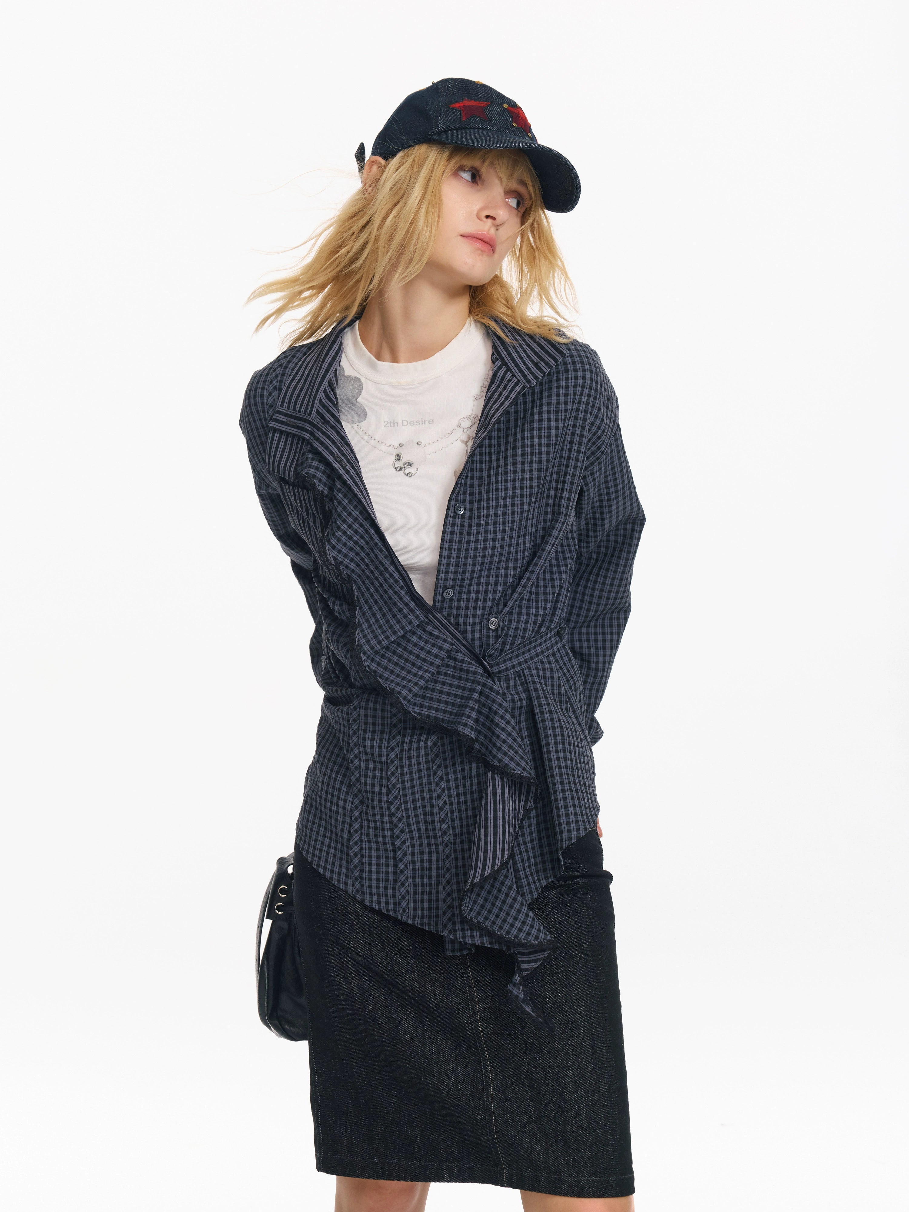 2th Desire 镂空绣花格纹不规则设计荷叶边宽松可收腰松弛感衬衫