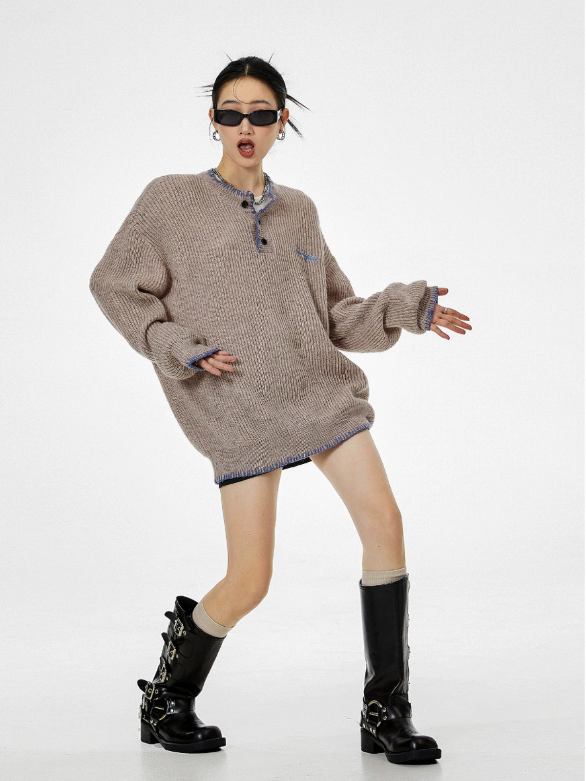 ICH MODE 美式复古亨利领毛衣女2025新款冬季宽松慵懒风针织上衣