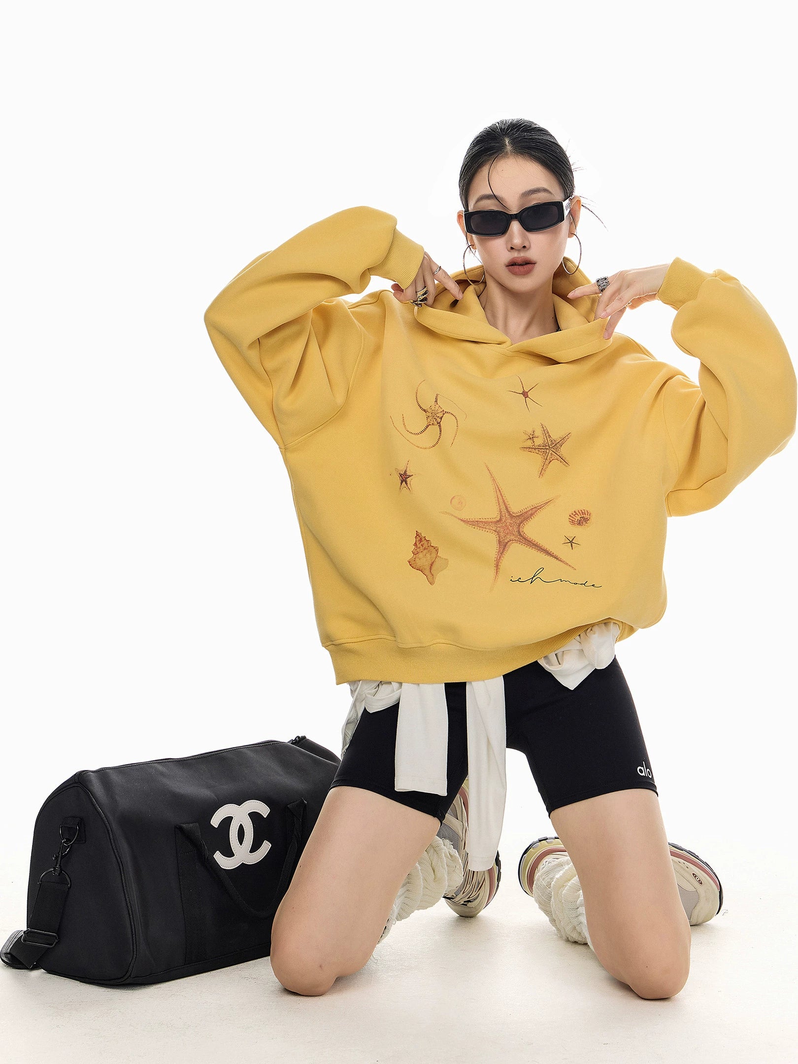 ICH MODE 美式复古海星连帽卫衣女秋冬新款重磅帽衫宽松运动上衣