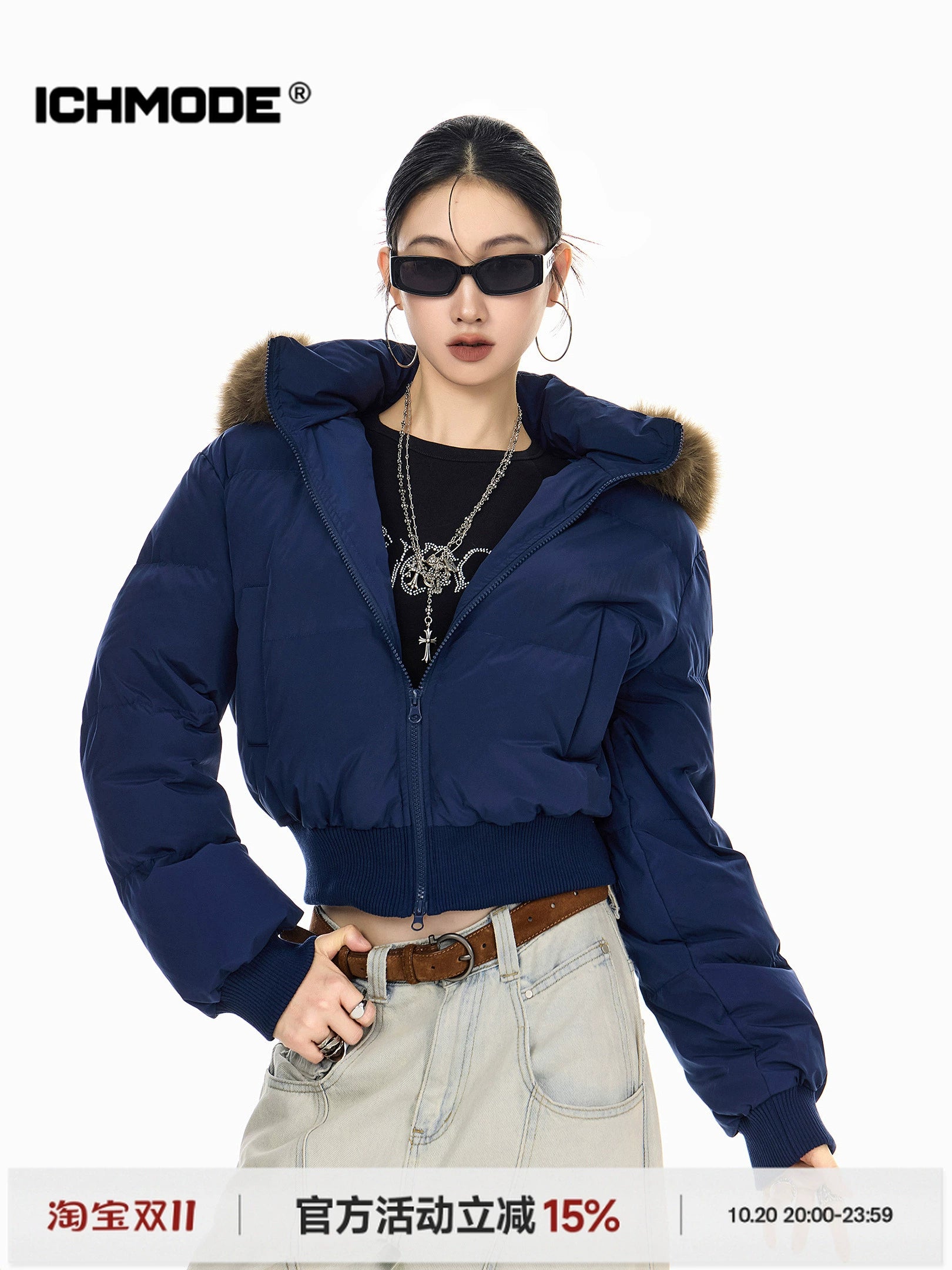 ICH MODE 美式复古大毛领短款棉服女秋冬季连帽开衫棉袄修身外套