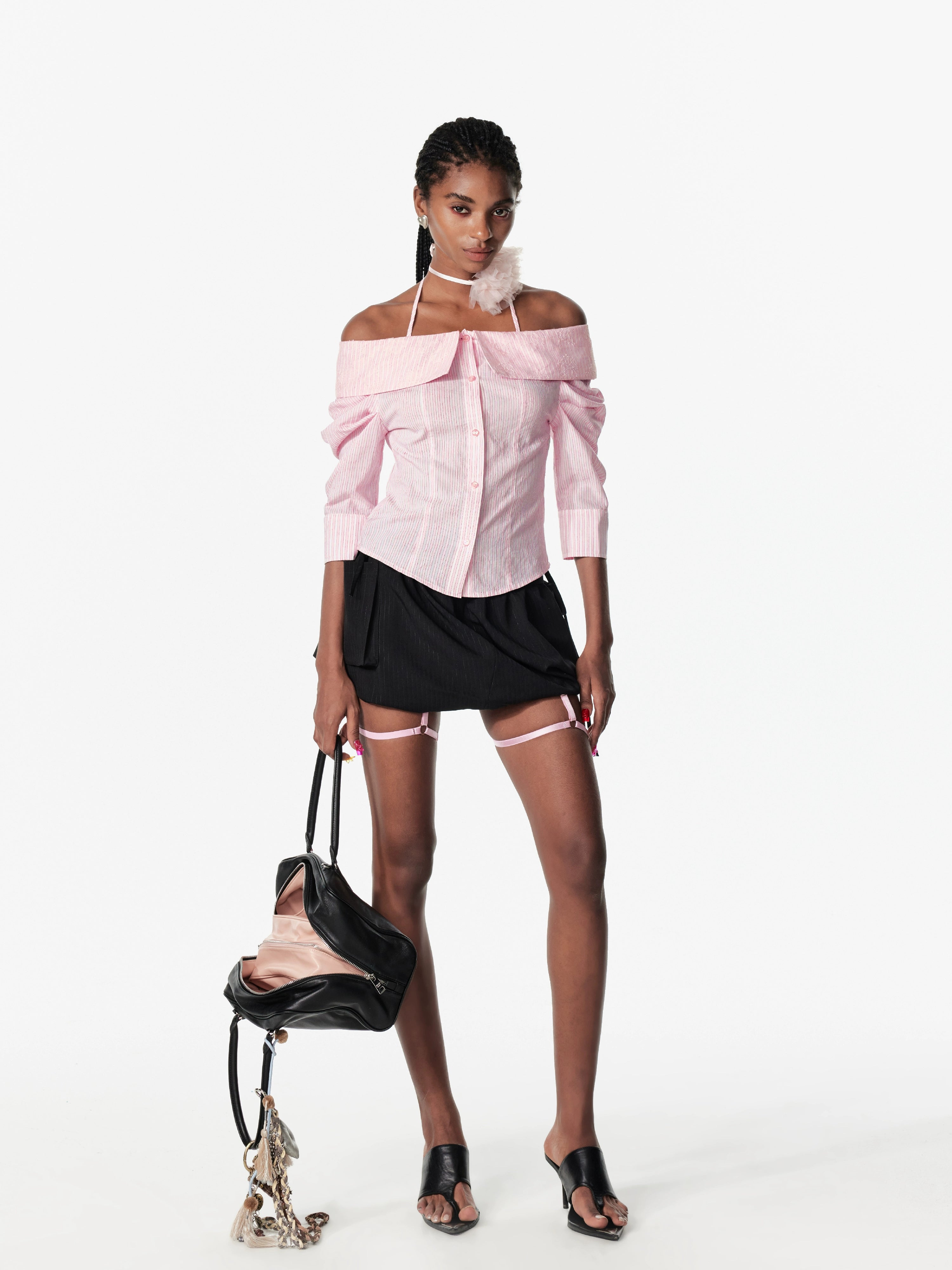 2th Desire复古口袋多褶银丝条纹蝴蝶结绑带A字花苞短裙半身裙女