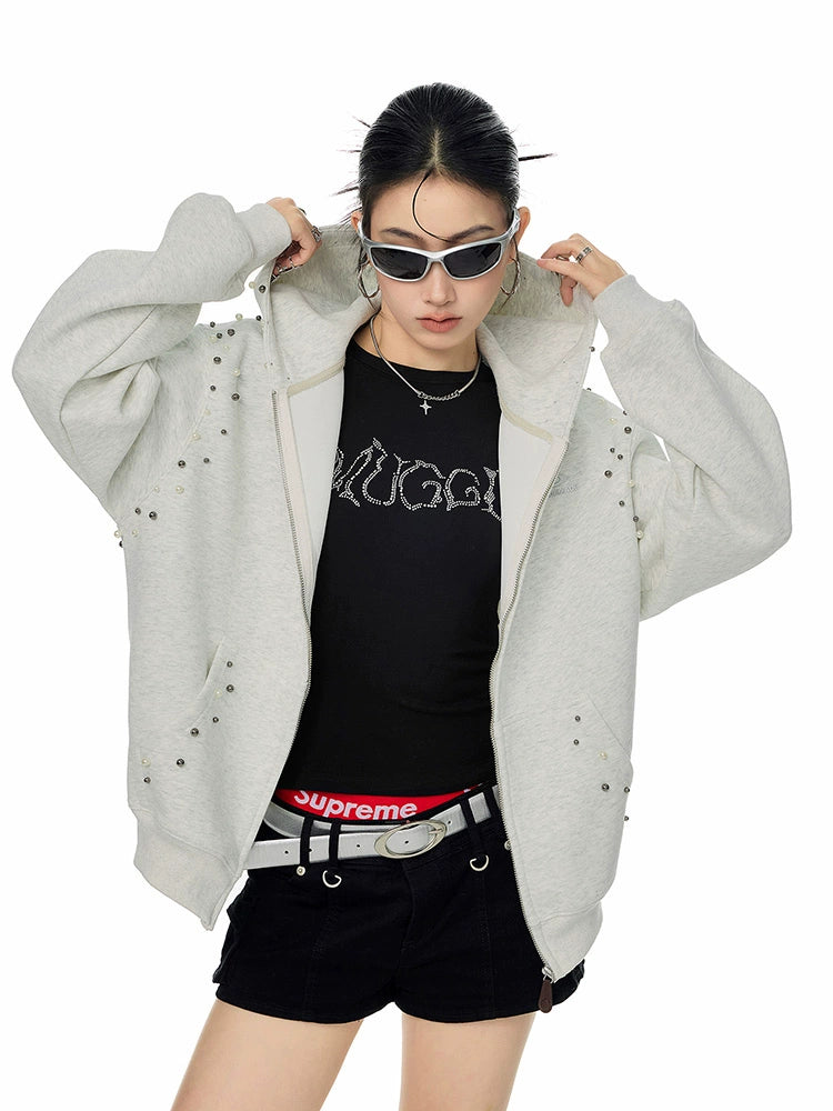 ICH MODE 美式复古珍珠连帽外套女2025新款秋冬宽松卫衣开衫上衣