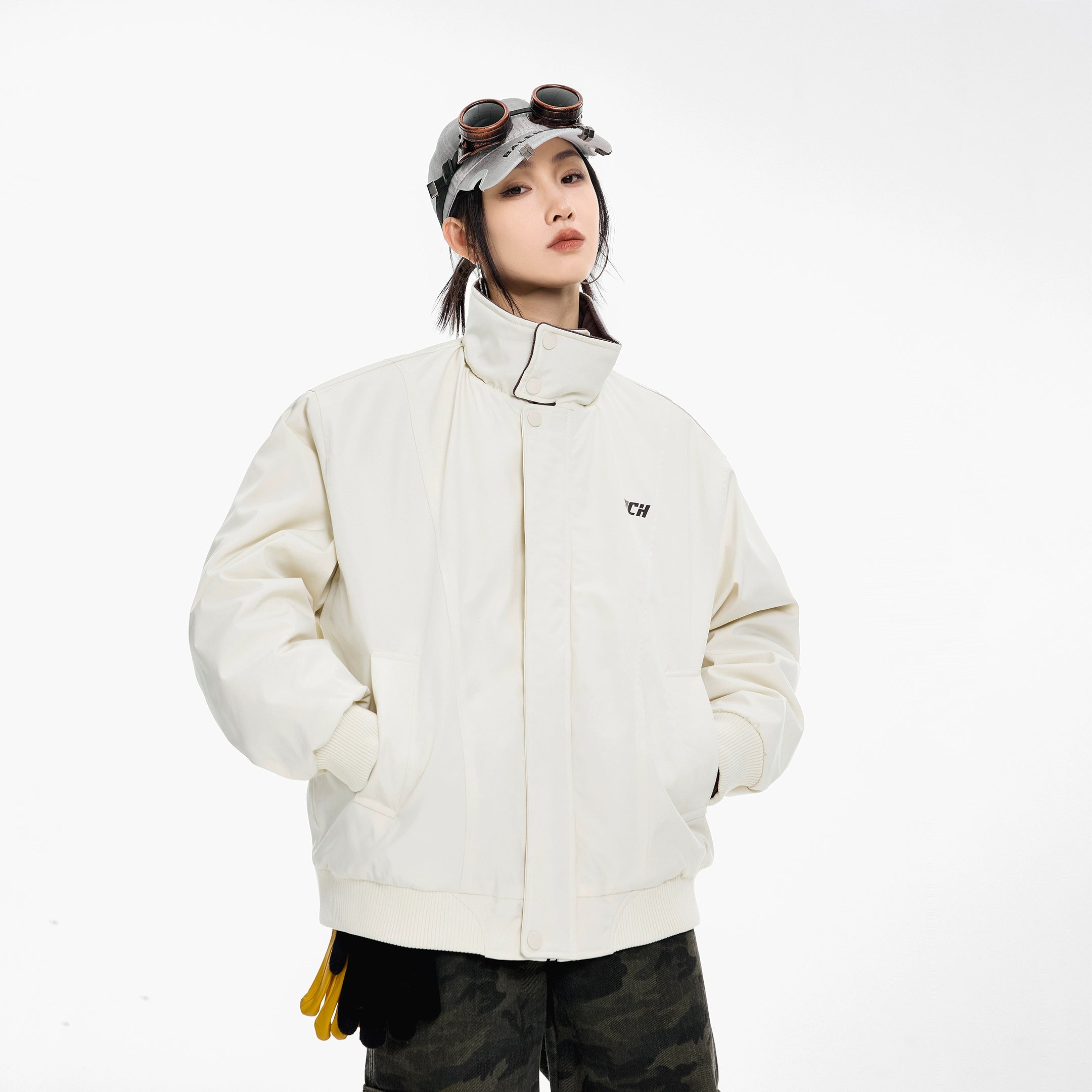 ICH MODE 美式复古撞色立领棉服女2025新款冬季运动开衫上衣外套