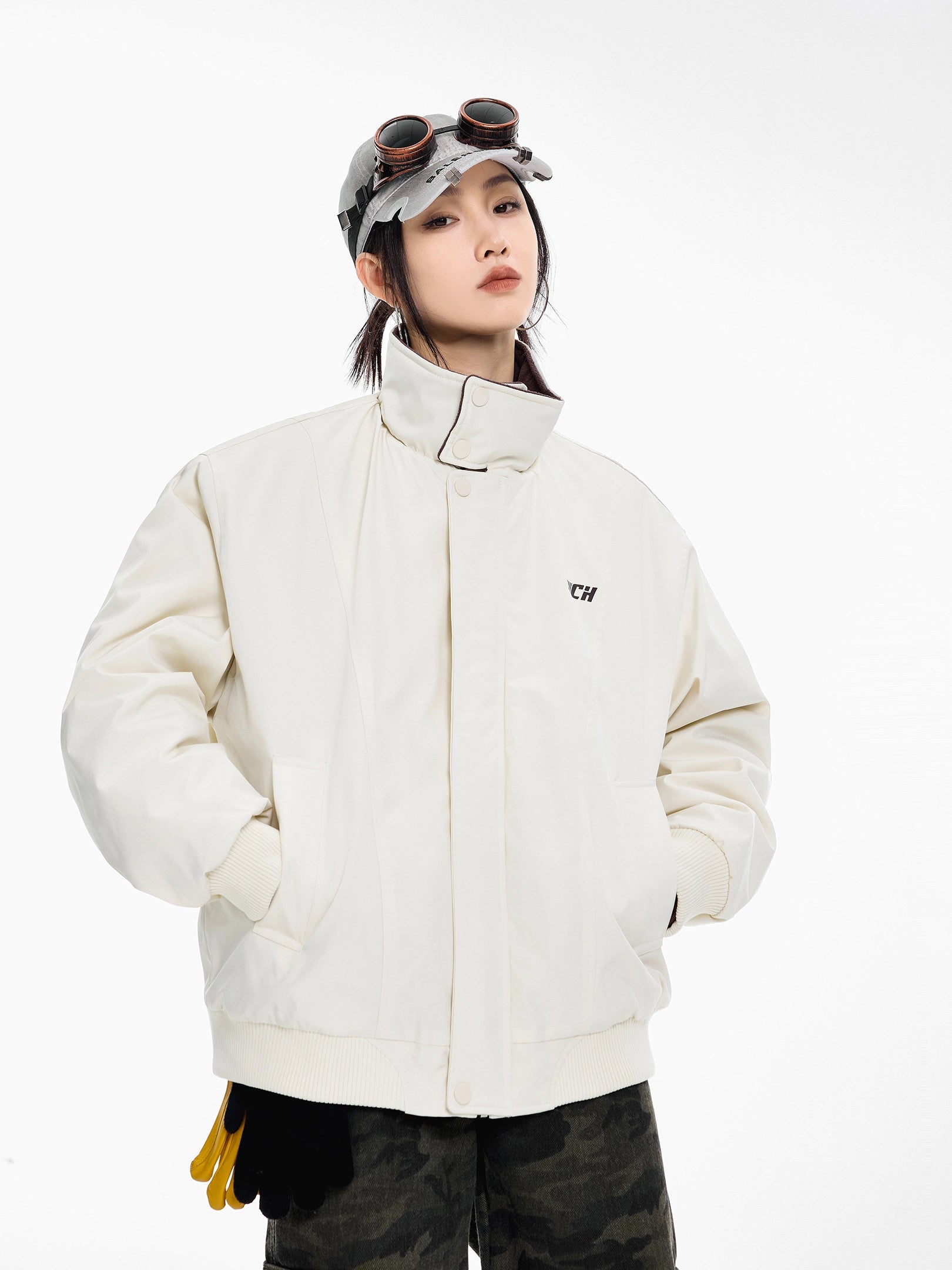 ICH MODE 美式复古撞色立领棉服女2025新款冬季运动开衫上衣外套