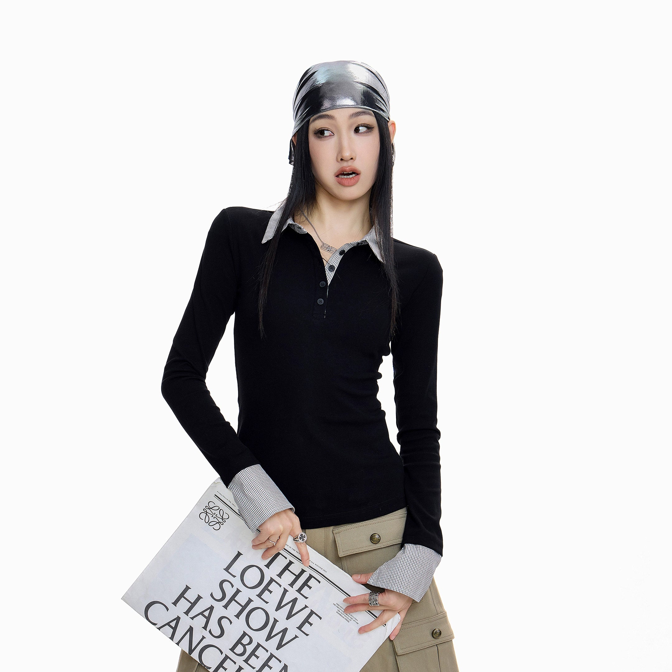 ICH MODE 美式复古格子拼接长袖POLOT恤女秋冬修身正肩上衣打底衫