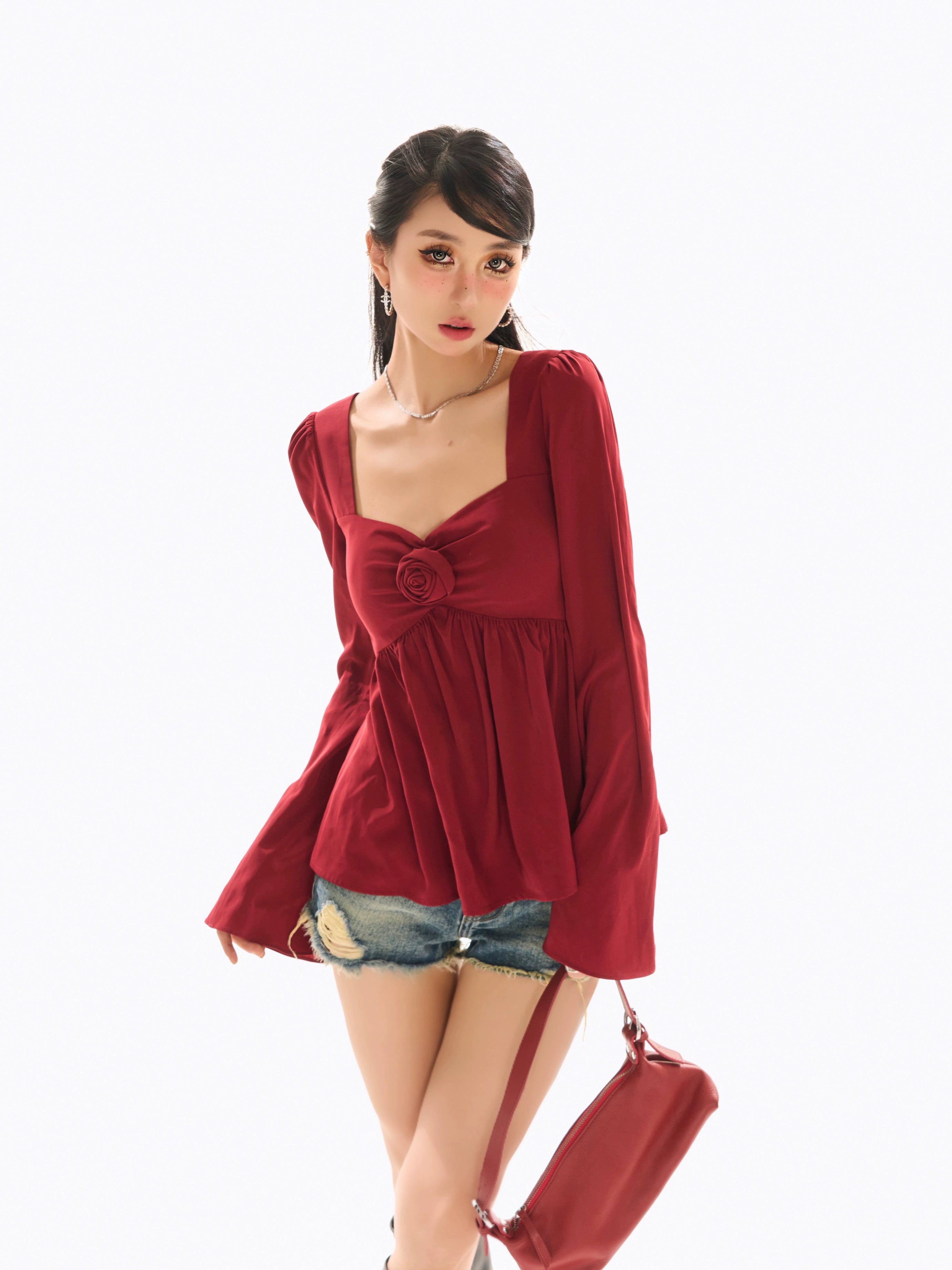 野生zerocircle红色法式别致小衫女春辣妹小众显瘦花朵喇叭袖上衣