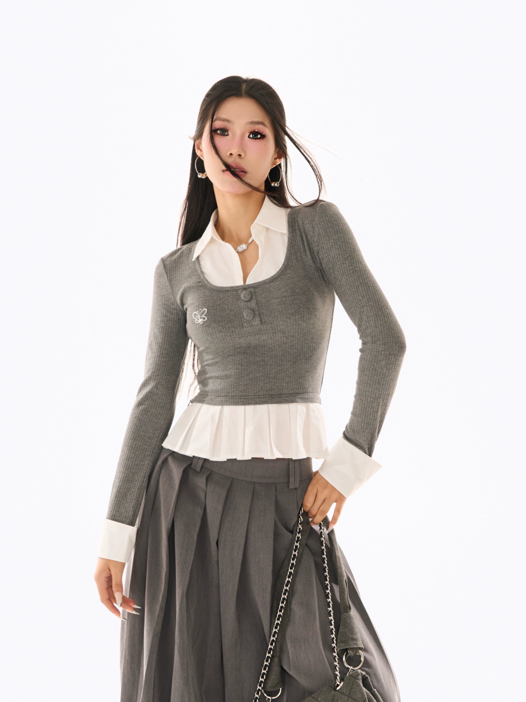 野生zerocircle灰色假两件针织衫女春季韩系修身显瘦拼接长袖上衣