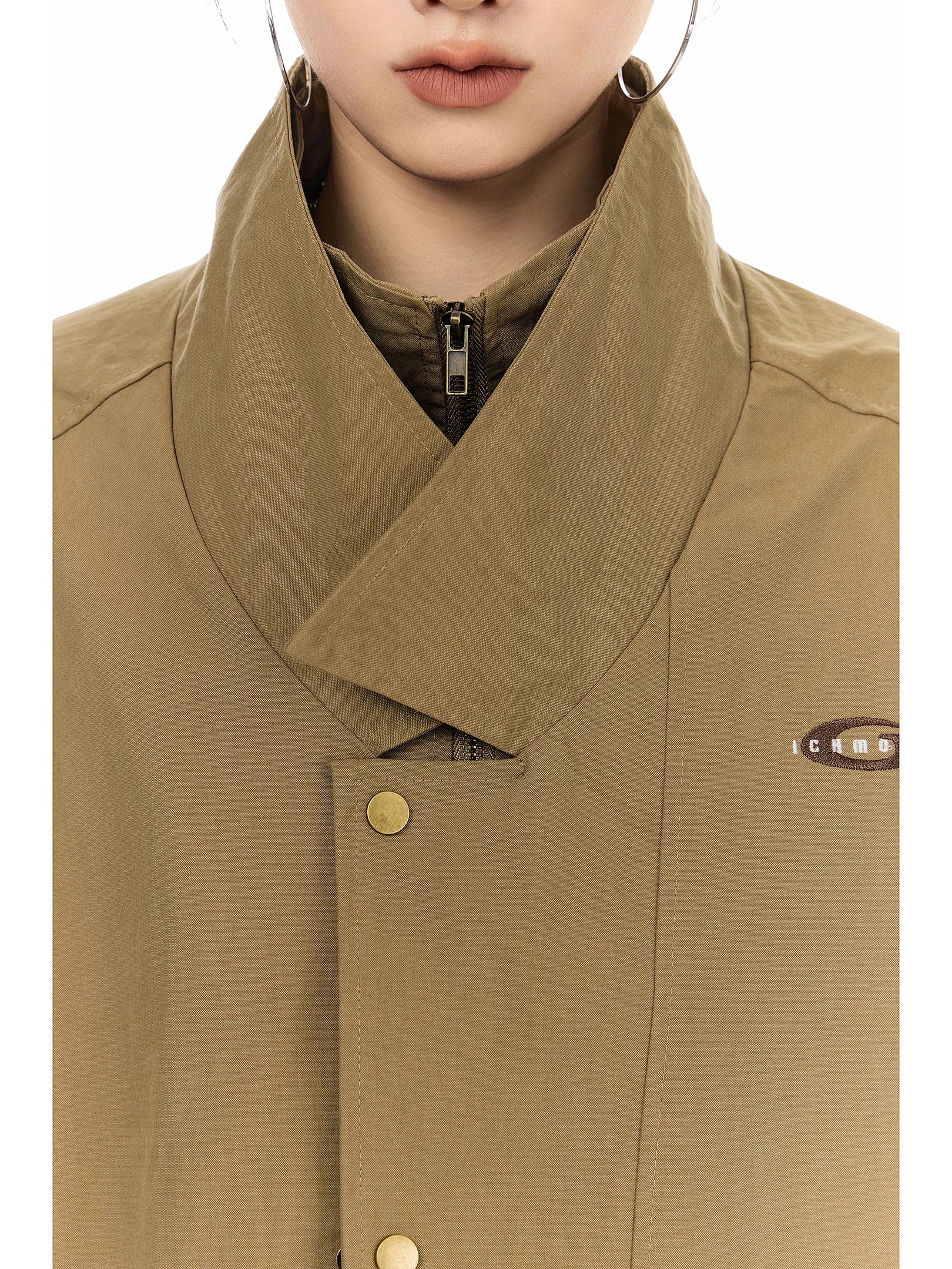 ICH MODE 美式复古假两件短款风衣外套女秋冬巴恩风开衫翻领夹克