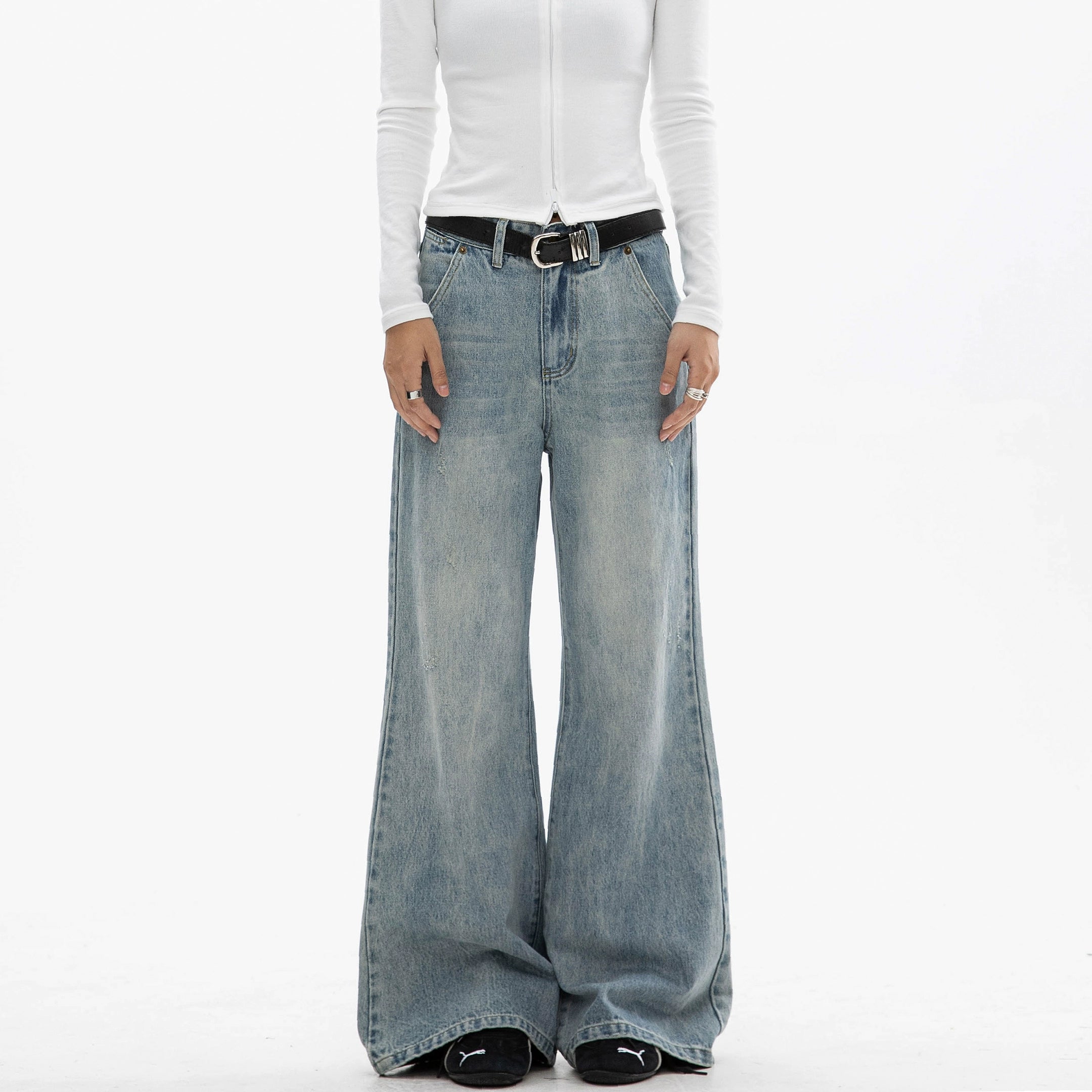 ICH MODE 美式复古水洗牛仔裤女微喇裤宽松直筒裤百搭休闲阔腿裤