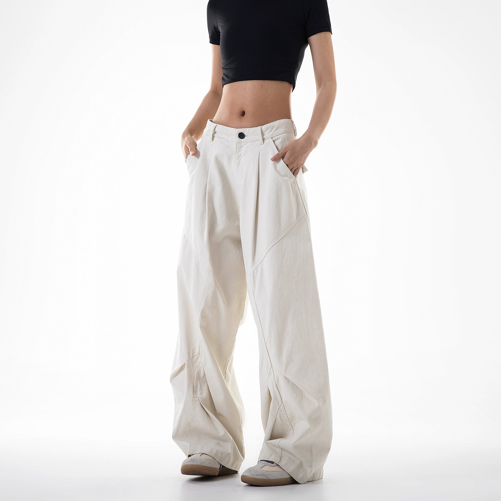 ICH MODE 美式复古白色弯刀裤女夏季宽松bf直筒阔腿裤休闲工装裤