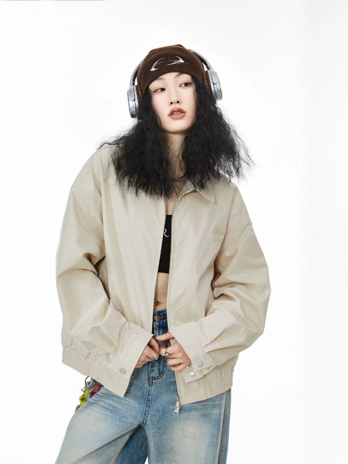 ICH MODE 美式复古拉链外套女2025秋冬新款宽松休闲工装夹克上衣