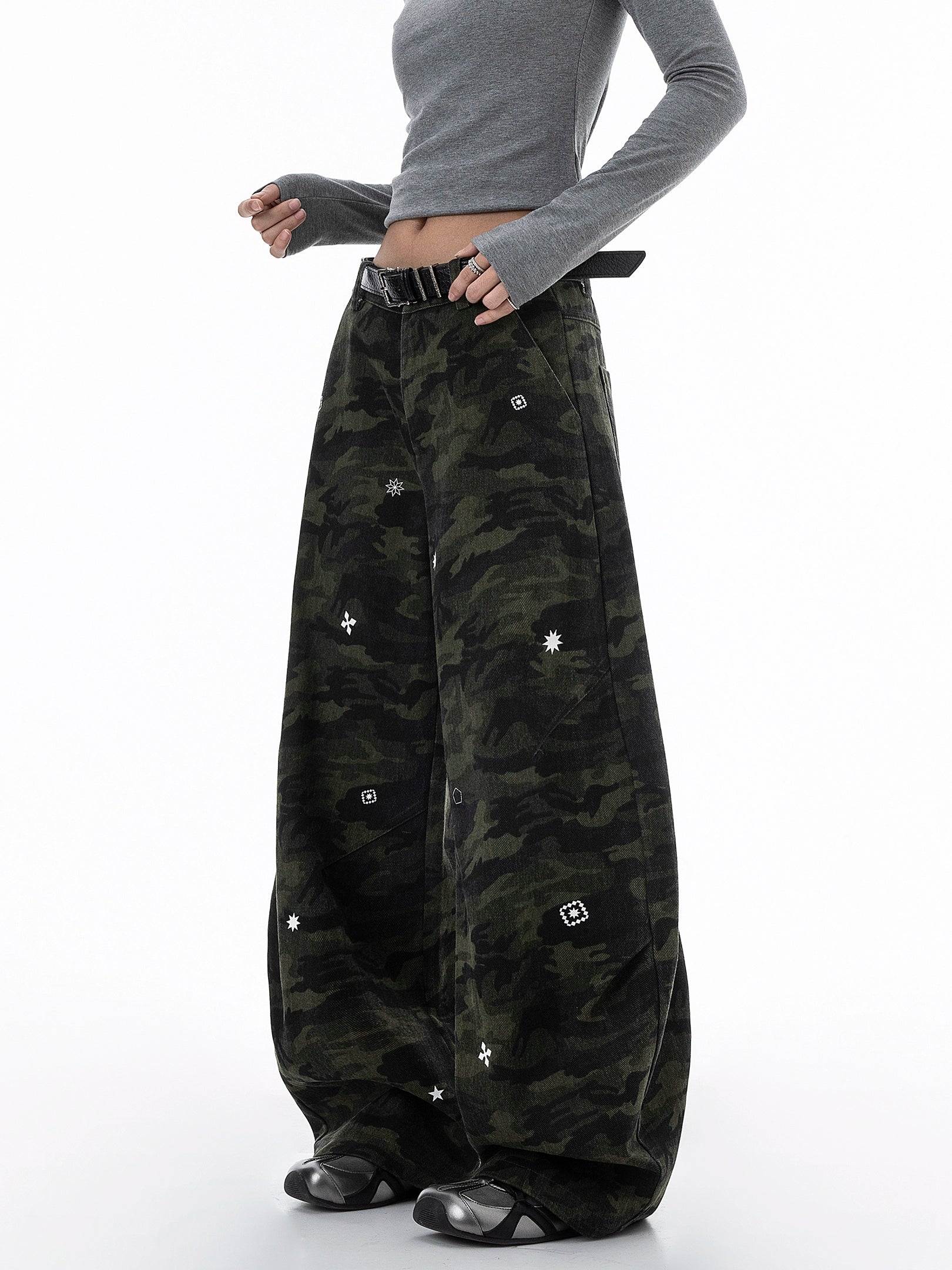 ICH MODE 美式复古星星休闲裤女宽松工装裤迷彩裤直筒阔腿运动裤