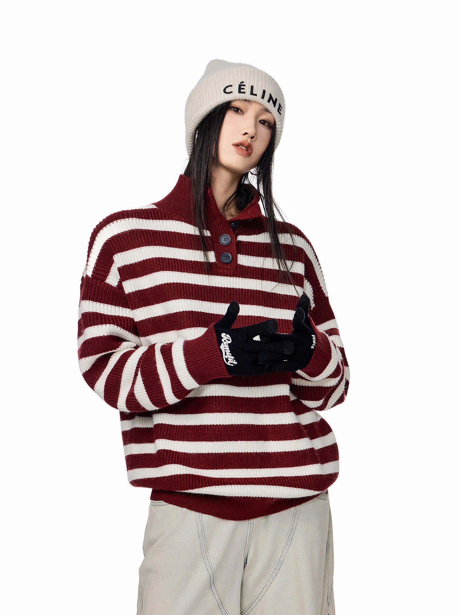 ICH MODE 美式复古POLO领条纹针织衫女秋冬宽松高领毛衣打底上衣