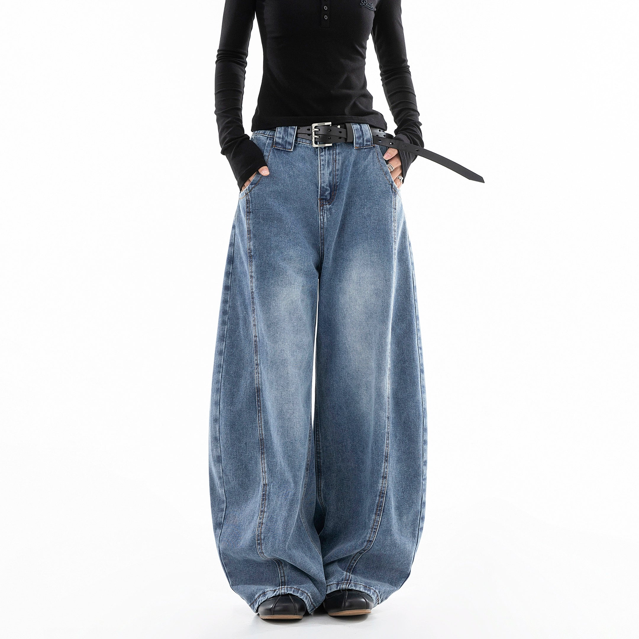 ICH MODE 美式复古直筒宽松牛仔裤女新款流行弯刀裤休闲阔腿裤子