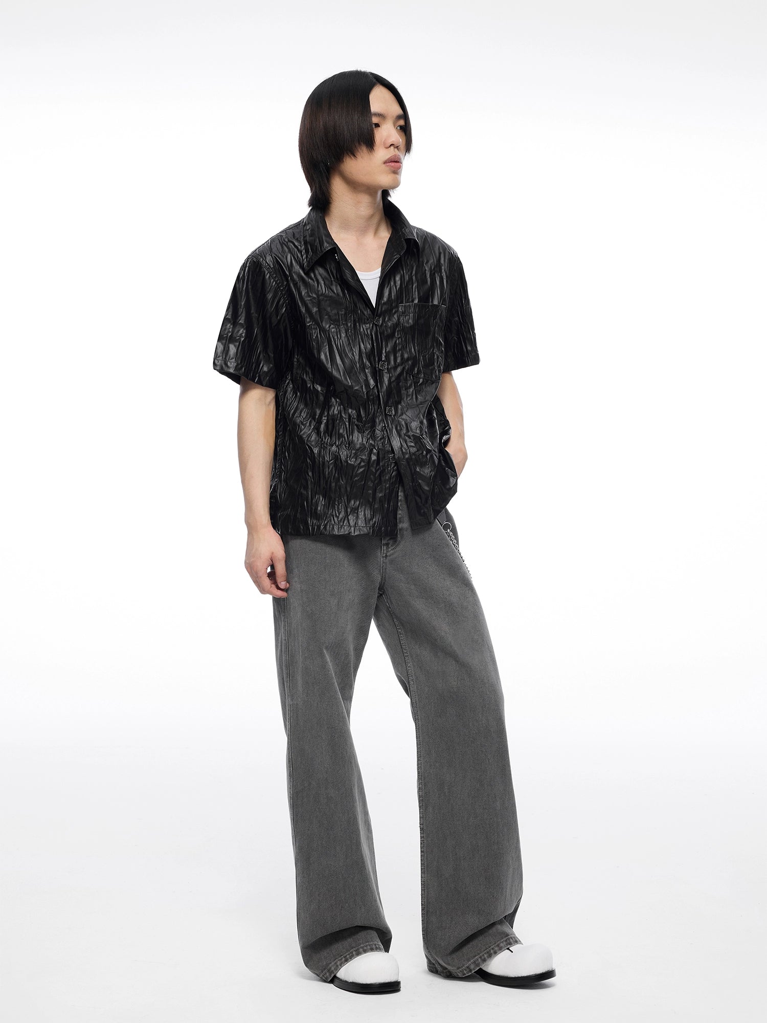 皮感肌理褶皱短袖衬衫定制金属纽扣boxy版型男TERRAINCOGNITA24SS