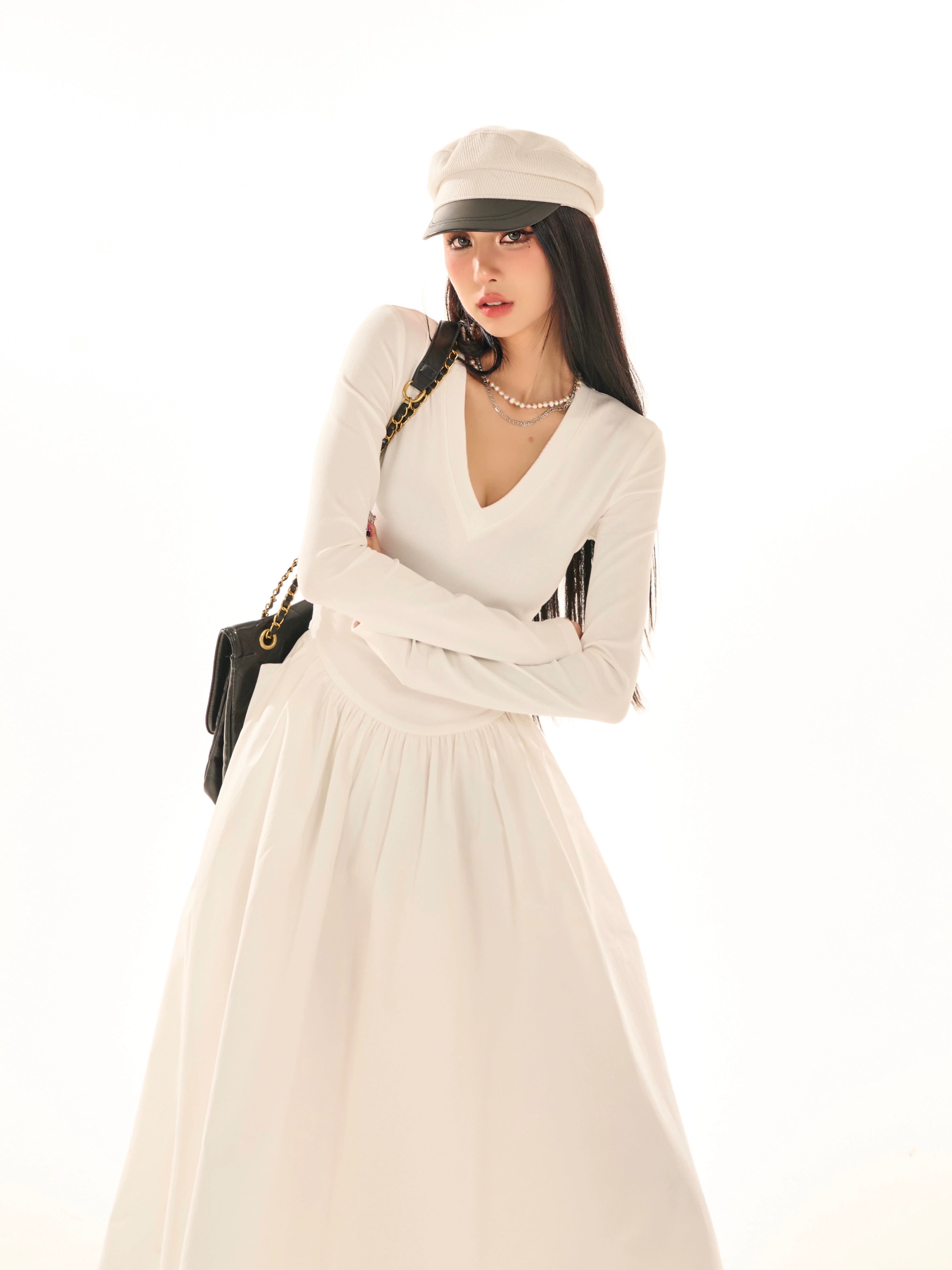 野生zerocircle黑白色v领长袖连衣裙女春夏辣妹修身显瘦a字长裙子