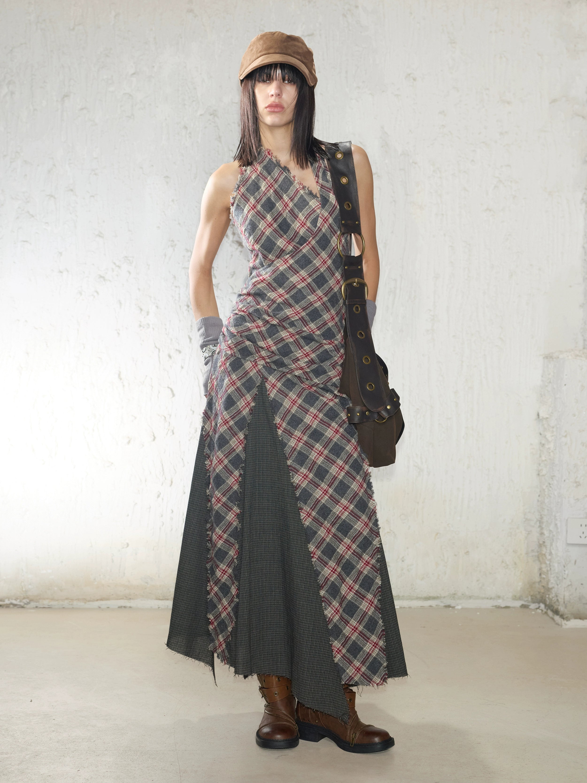 2th Desire流浪风羊毛复古格纹拼接挂脖连衣裙 干洗羊毛请勿水洗