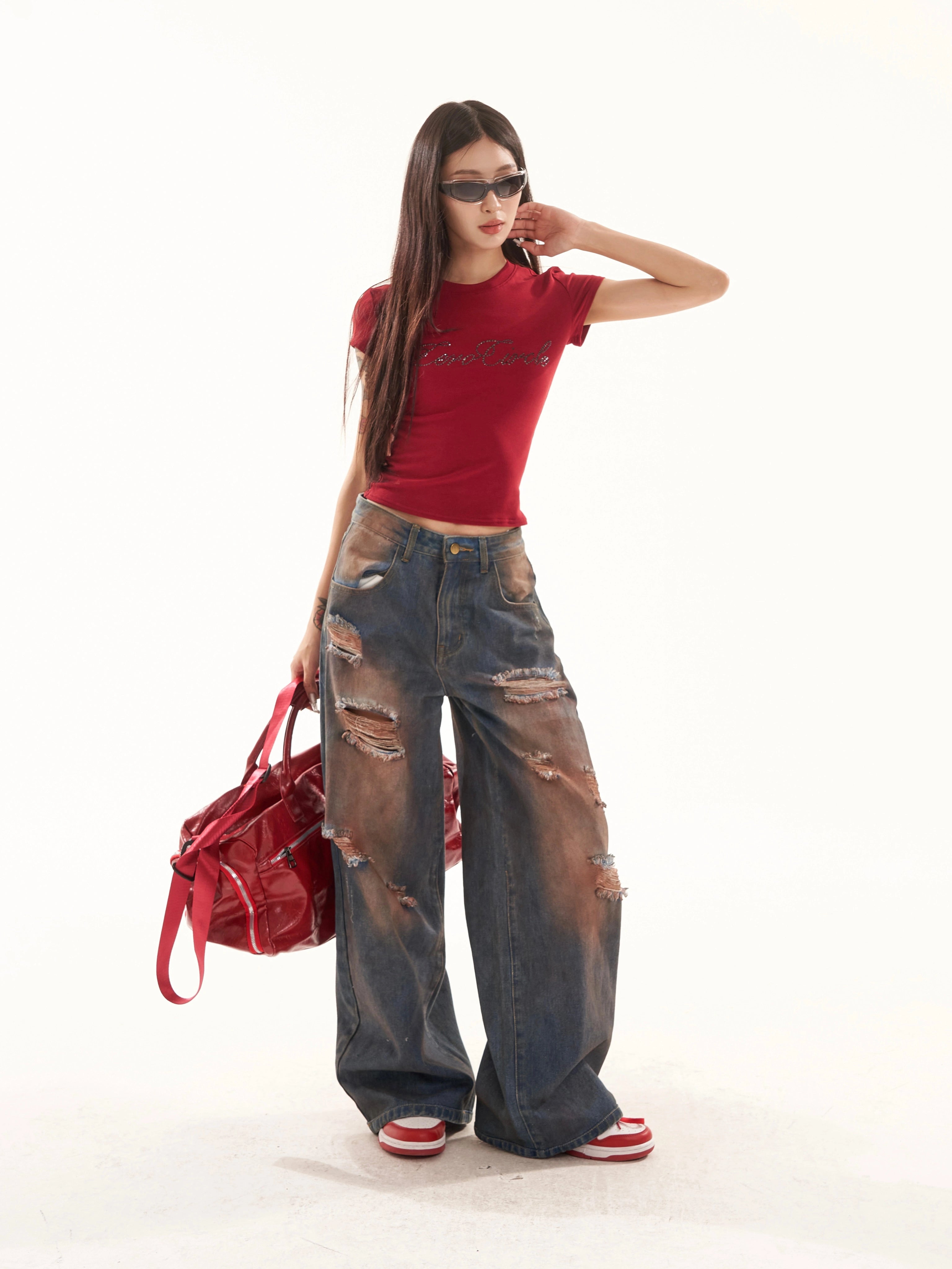 野生zero复古水洗破洞牛仔裤女夏设计感高街显瘦阔腿宽松直筒裤子