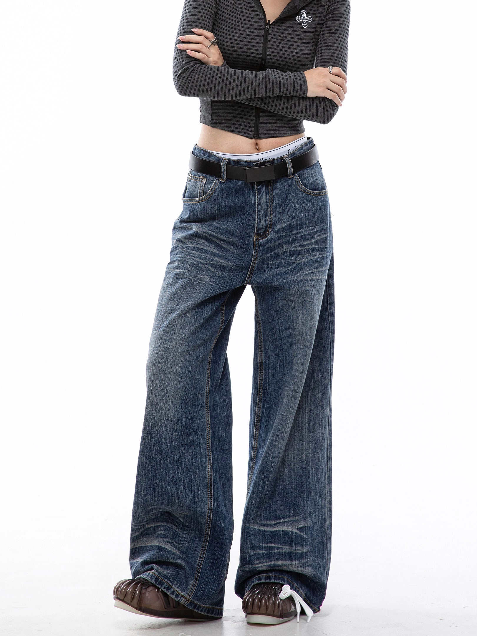 ICH MODE 美式复古水洗蓝牛仔裤女秋冬宽松直筒裤百搭休闲阔腿裤