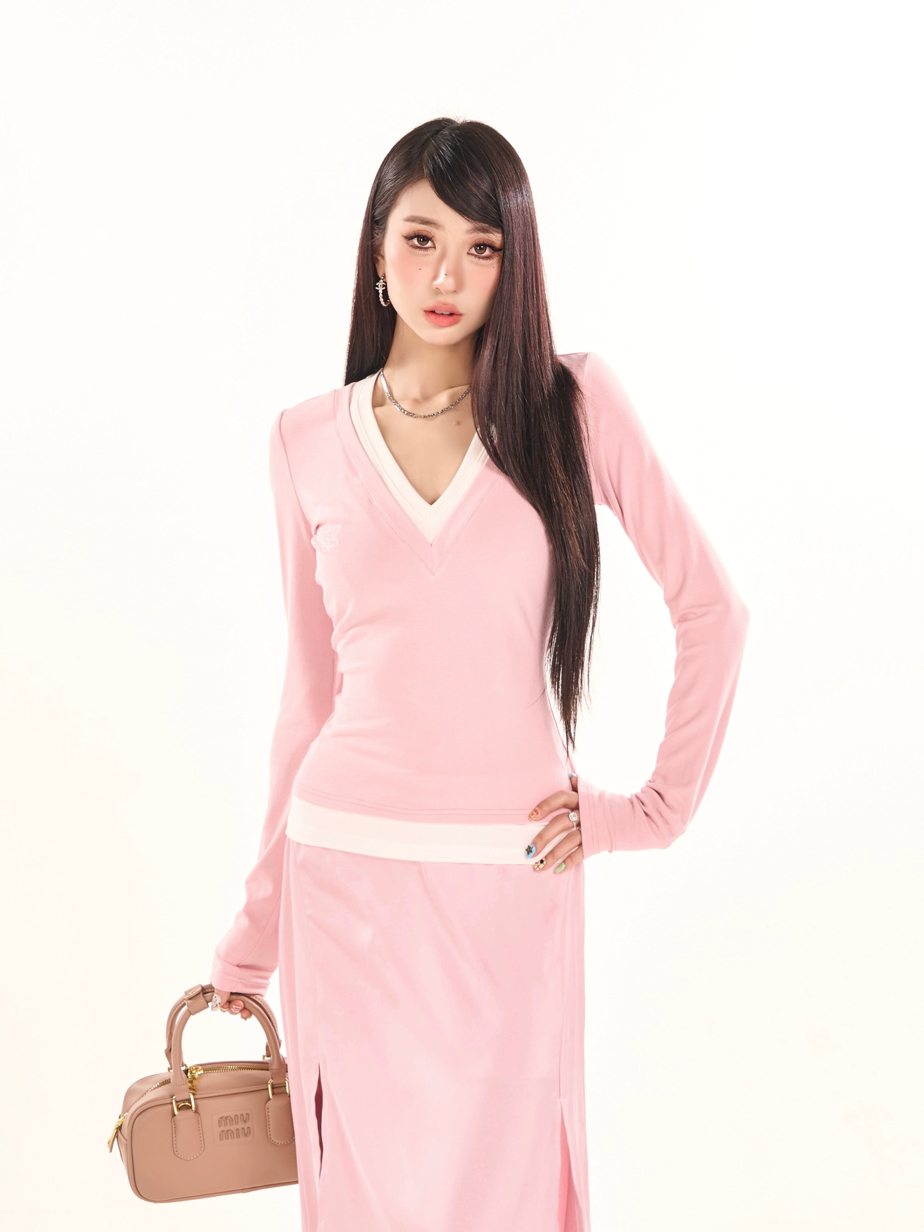 野生zerocircle 粉蓝灰色假两件针织衫女春秋韩系修身显瘦v领上衣