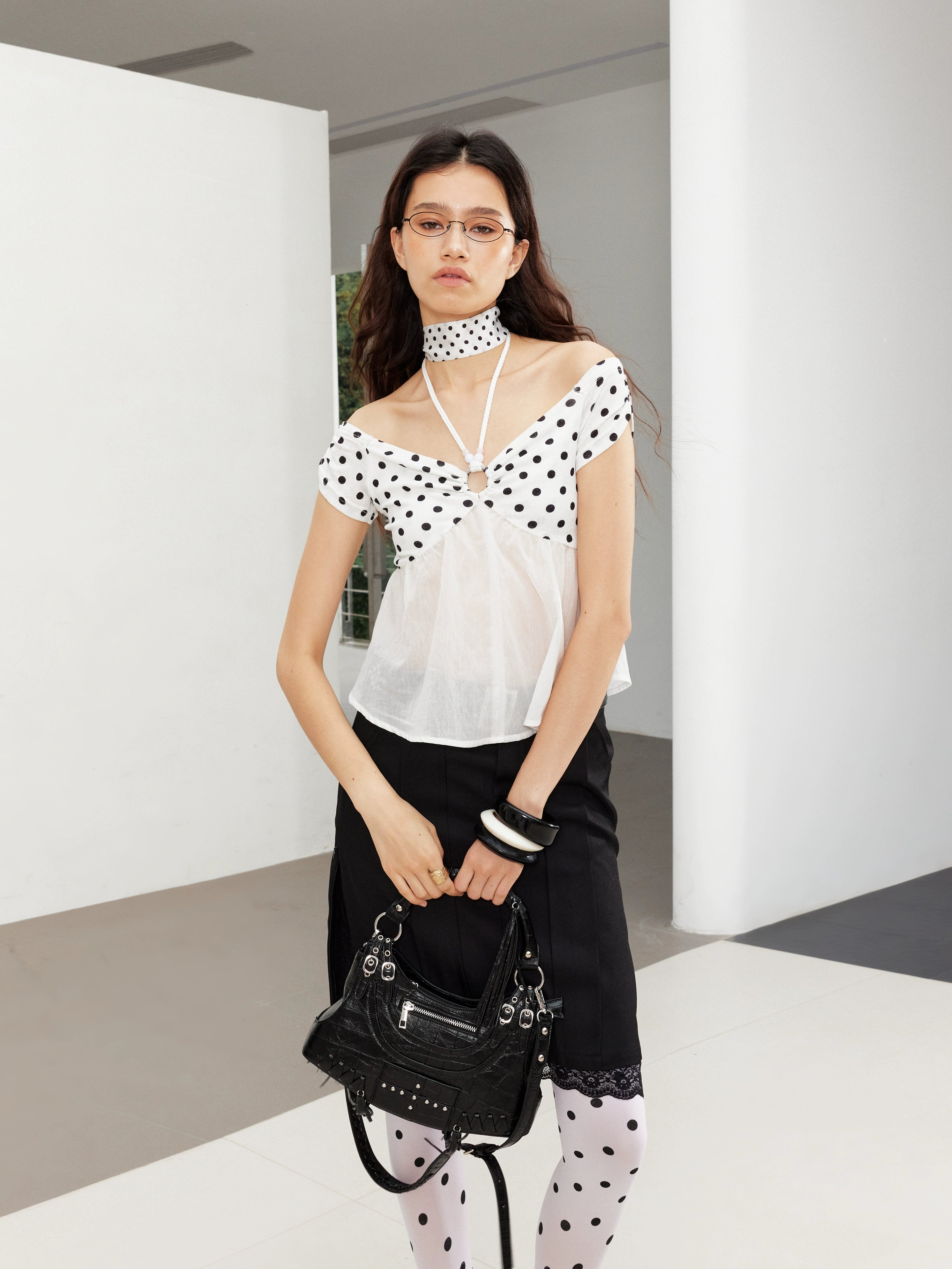 2th Desire豹纹波点微透泛光麻绳串珠度假一字肩弹力挂脖吊带上衣