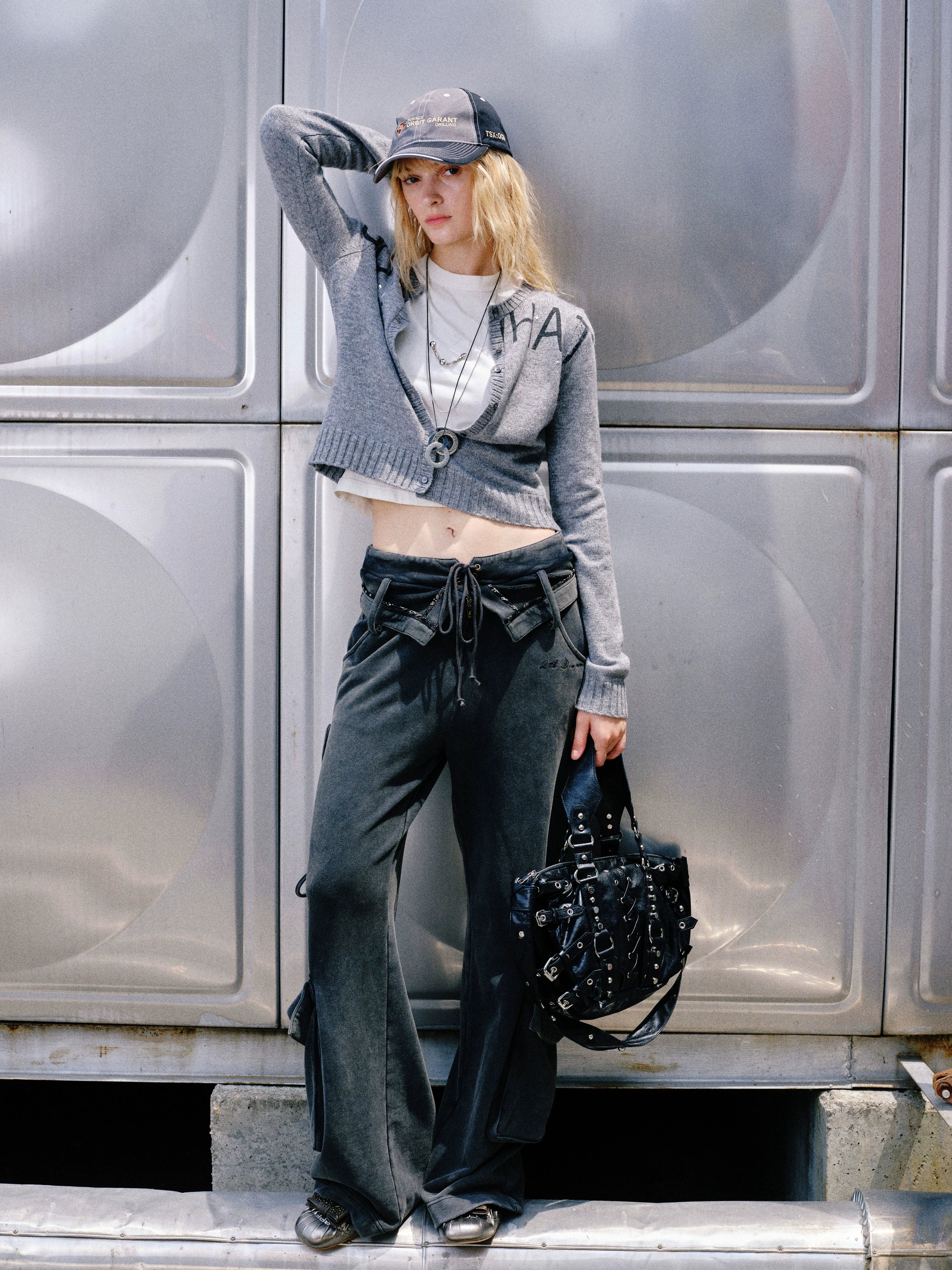 2th Desire原创做旧水洗立体口袋翻折腰头绑带设计感直筒工装长裤