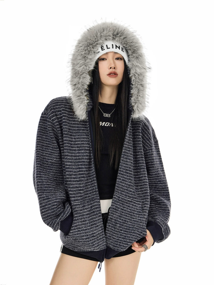 ICH MODE 美式复古条纹毛领连帽卫衣外套女秋冬休闲宽松开衫上衣