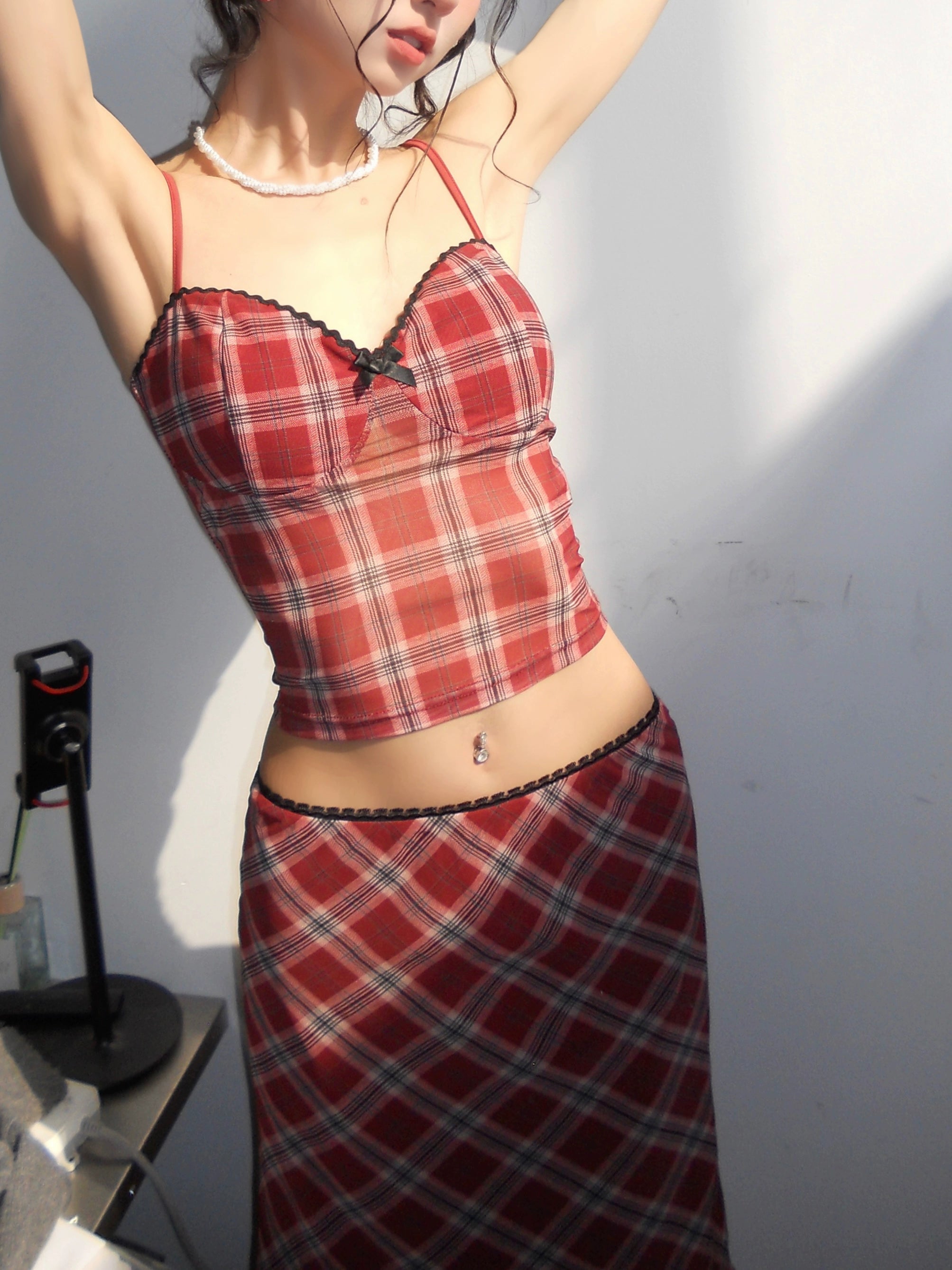 野生zerocircle黑红色格子吊带胸垫背心内搭女春夏季辣妹网纱上衣