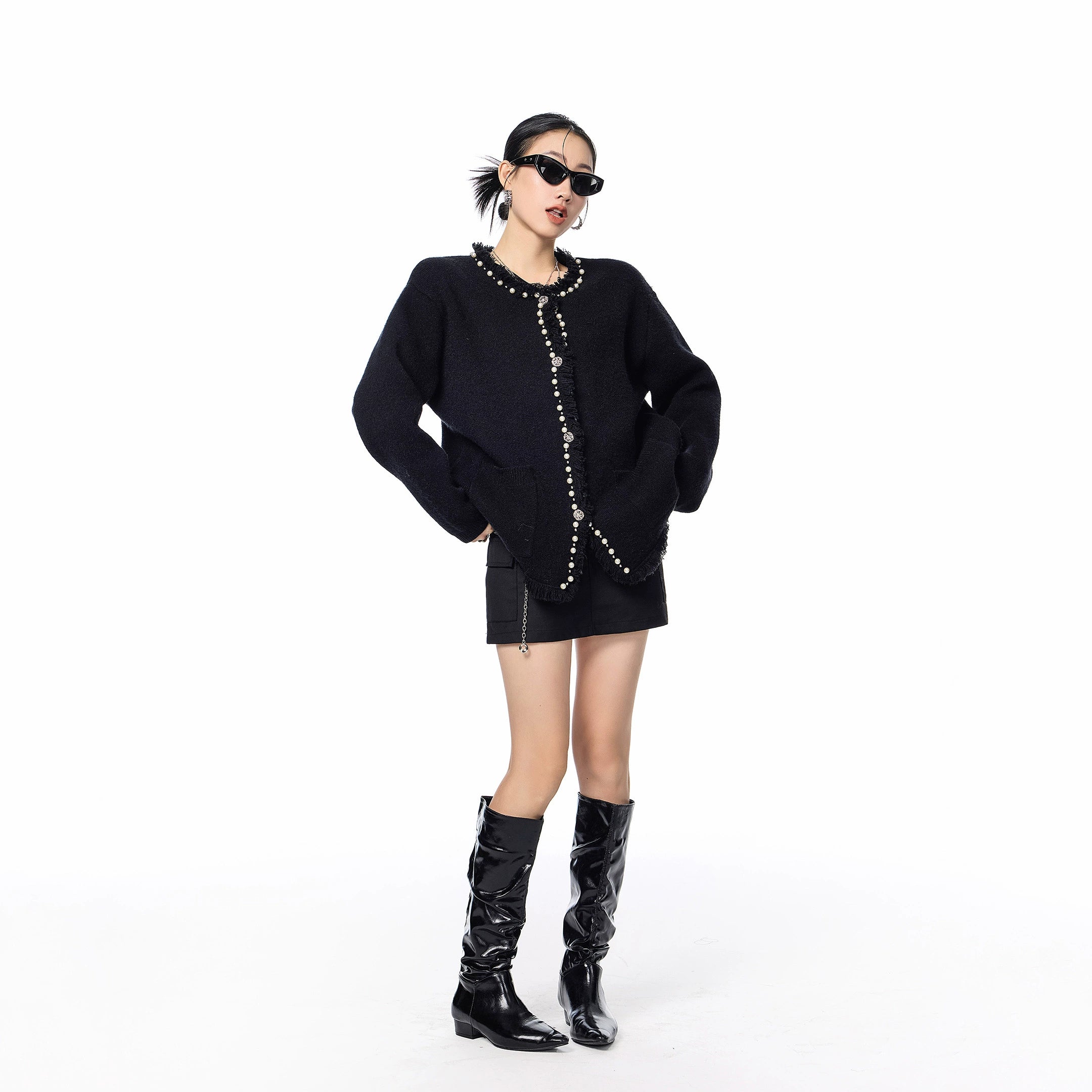 ICH MODE 美式复古珍珠流苏针织开衫女秋冬季小香风慵懒毛衣外套