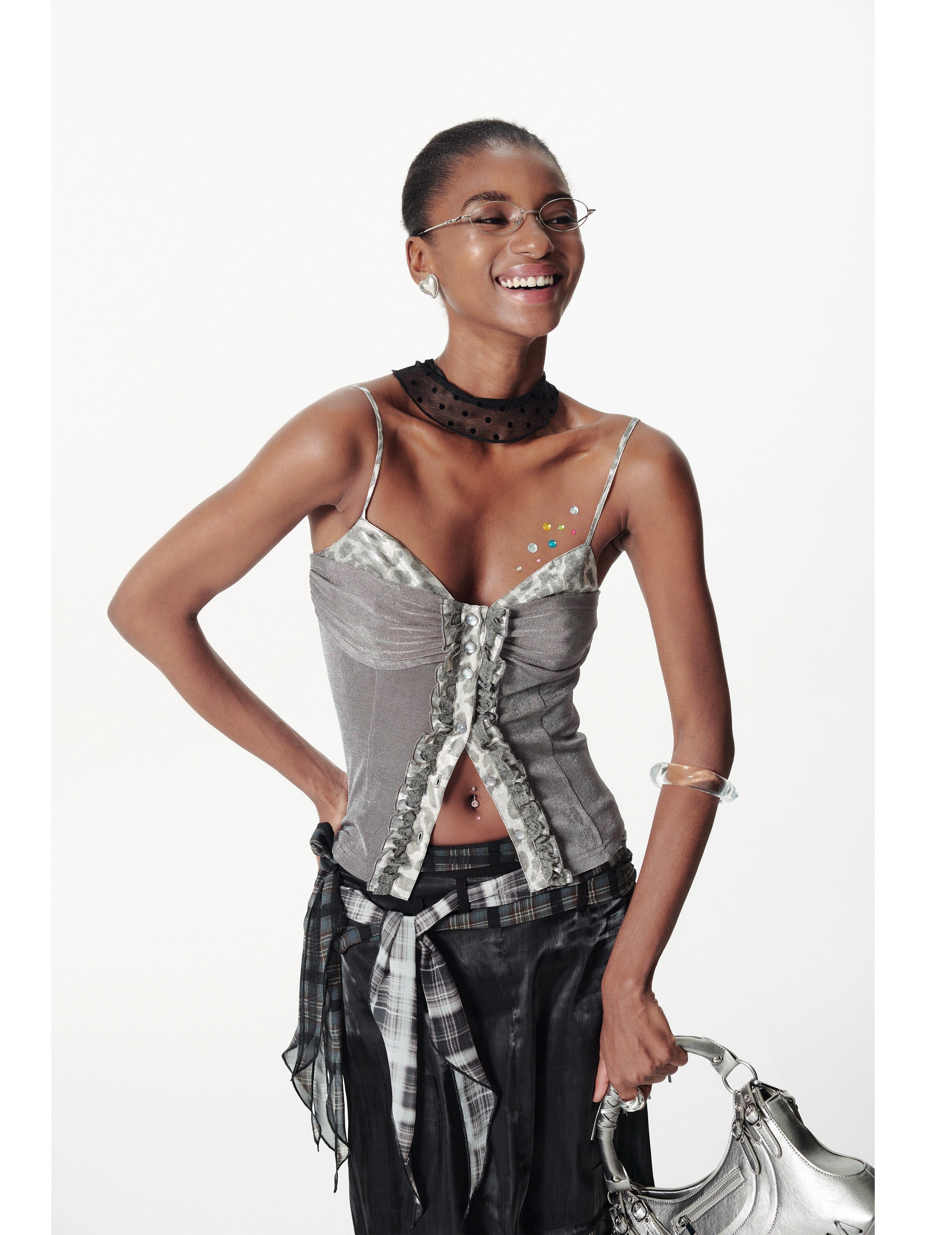 2th Desire亮闪修身曲线豹纹肌理荷叶边蕾丝花边拼接针织吊带背心