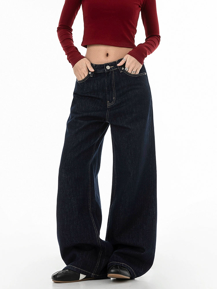 ICH MODE 美式复古丹宁蓝牛仔裤女秋冬宽松直筒裤休闲运动阔腿裤