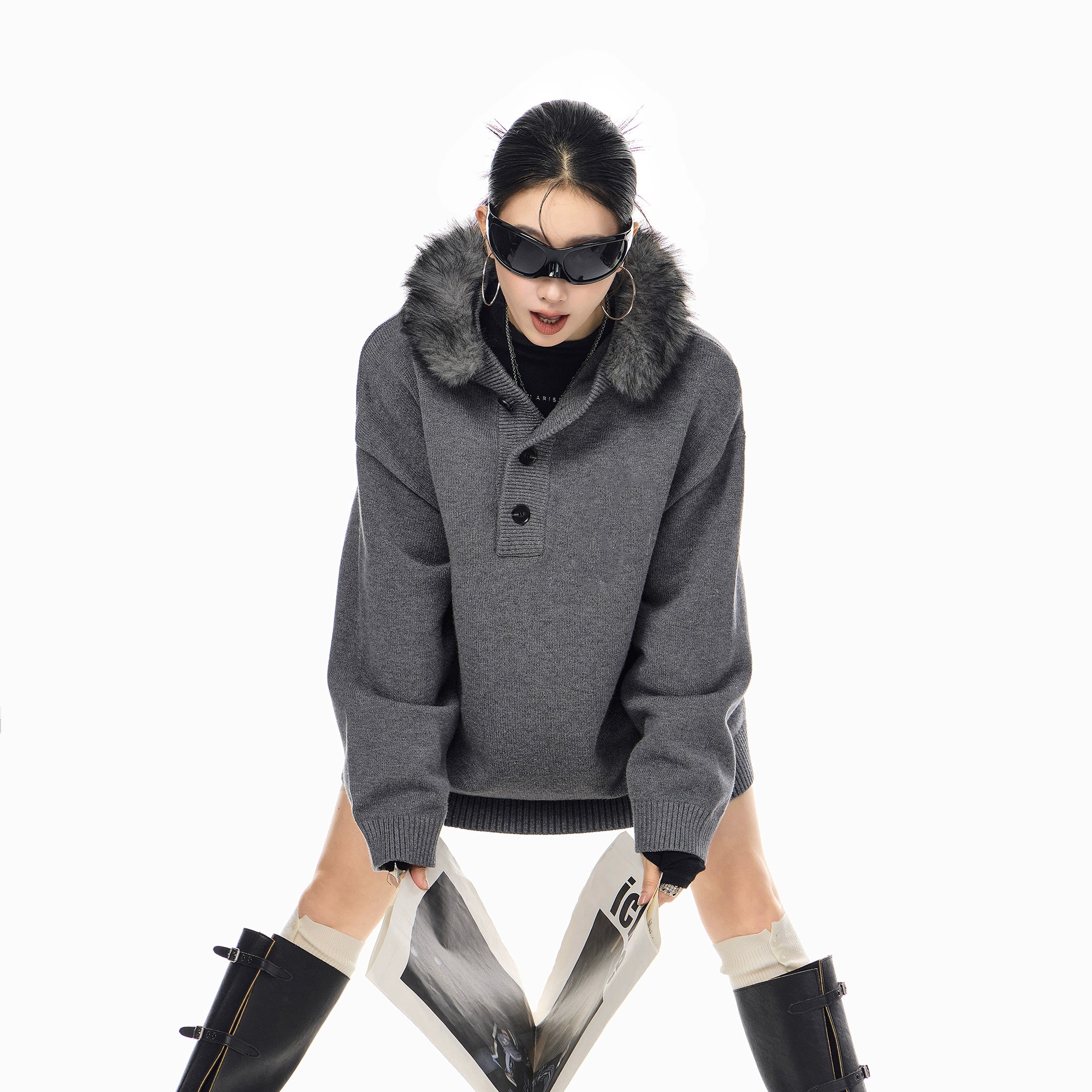 ICH MODE 美式复古毛领毛衣女秋冬季慵懒宽松连帽针织衫宽松外套