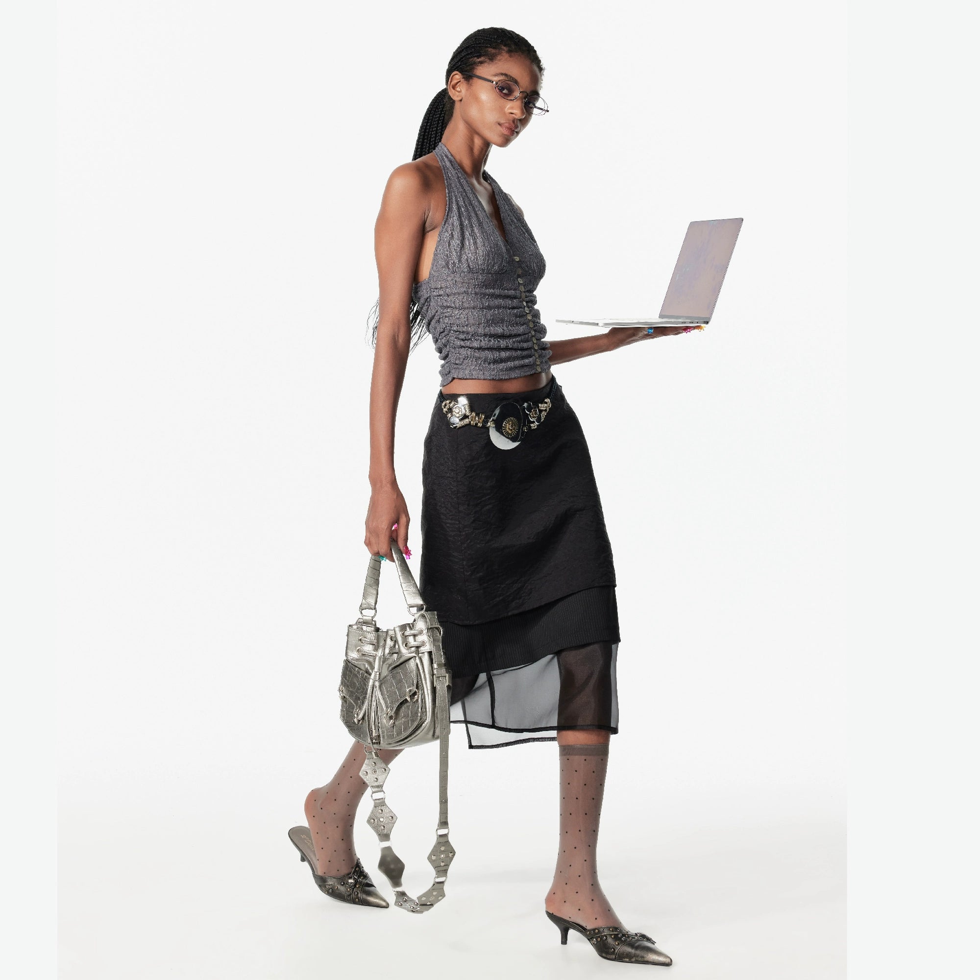 2th Desire亮闪肌理不规则豹纹褶皱贝壳扣辣妹背心吊带挂脖上衣女