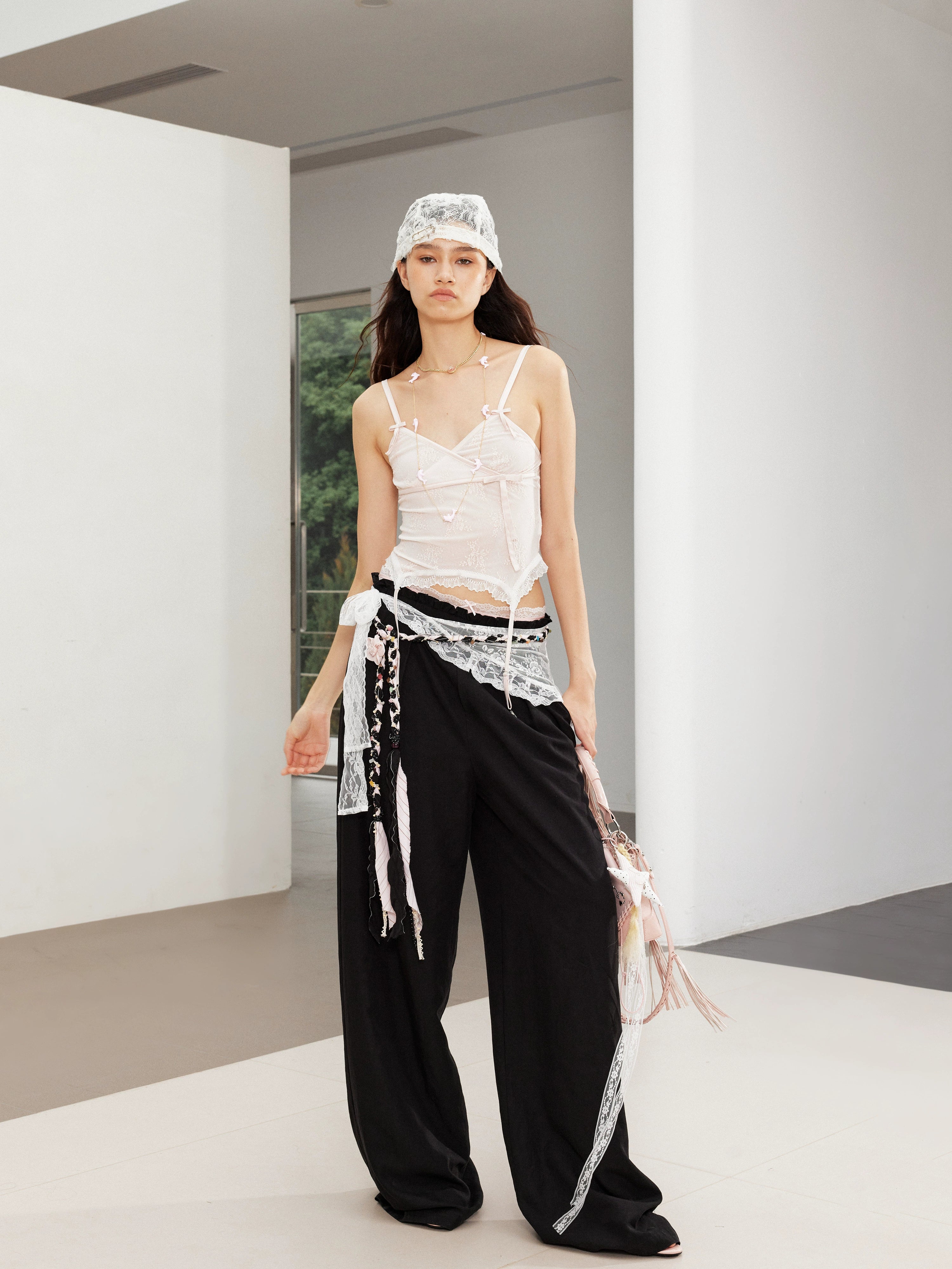 2th Desire复古松弛垂坠撞色腰头蕾丝花边拼接宽松直筒亚麻休闲裤